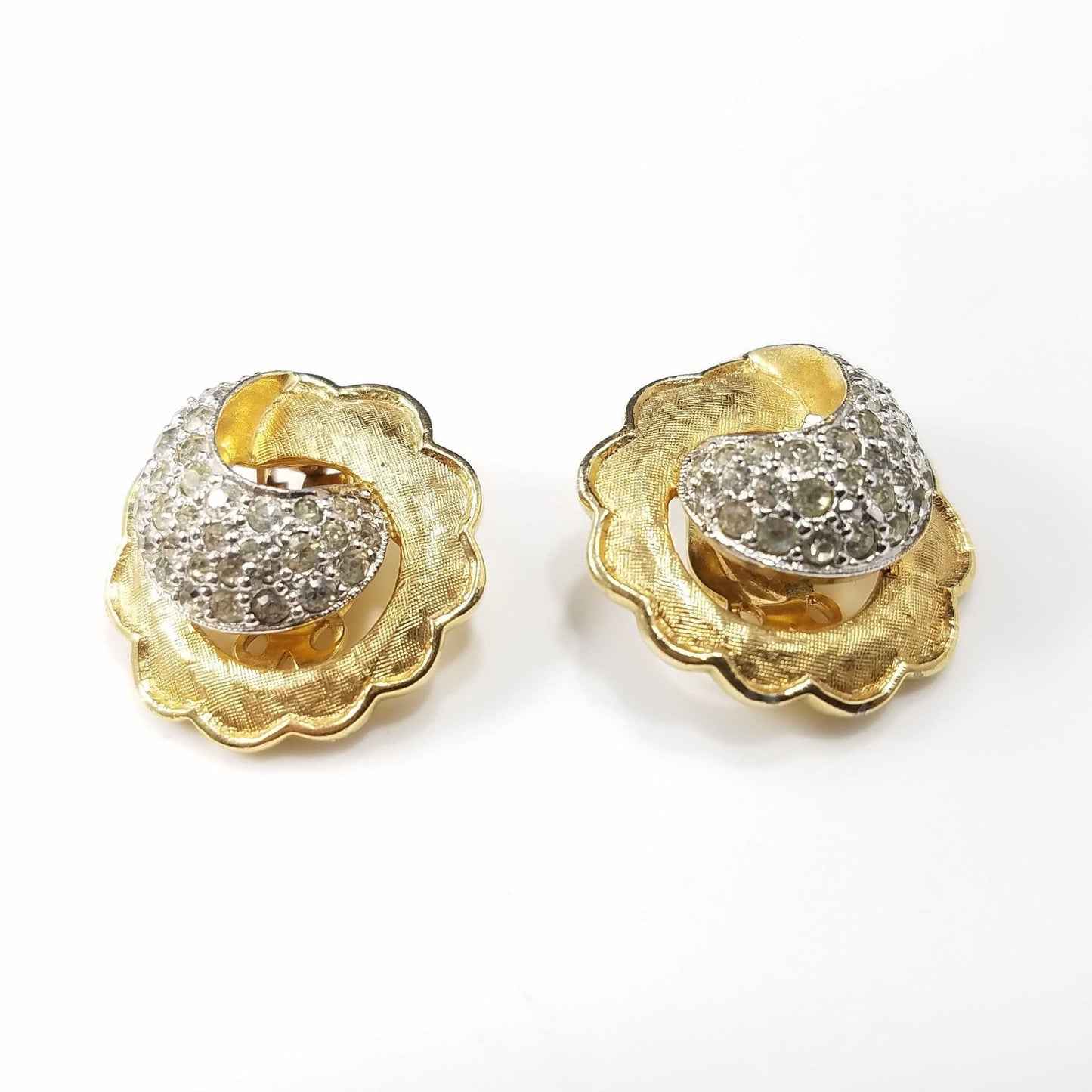 Vintage Jomaz Gold Plated Rhinestone Clip Earrings, Scalloped Edges, 1940s
