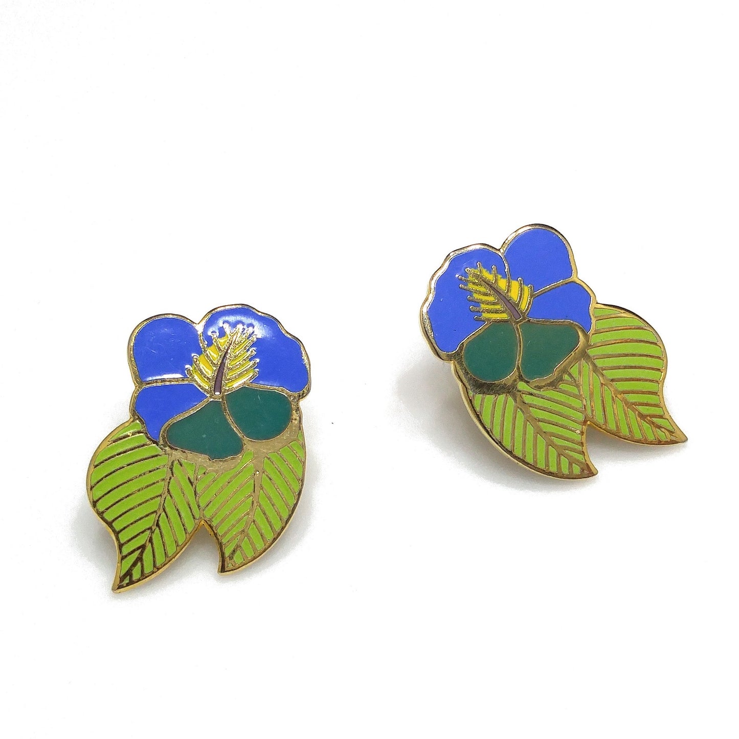 Vintage Laurel Burch Blue Green "Hibiscus" Post Earrings, Gold Plated