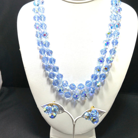 Light Blue Crystal Necklace Clip Earrings Set, Aurora Borealis, 1960s Vintage Jewelry