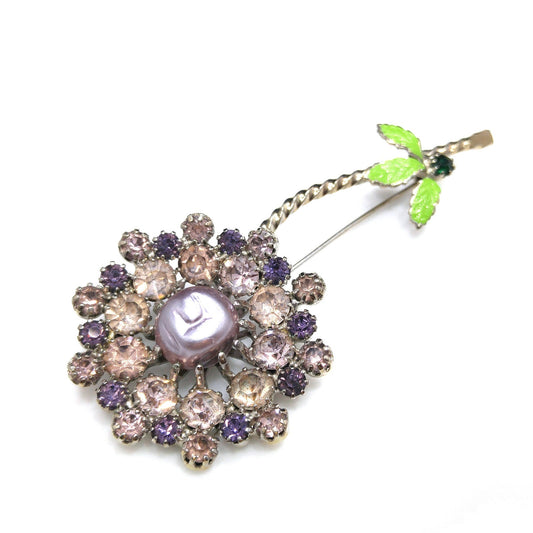 Lilac Purple Rhinestone Flower, Faux Baroque Pearl, Green Enamel Pin, 1950 Vintage Jewelry