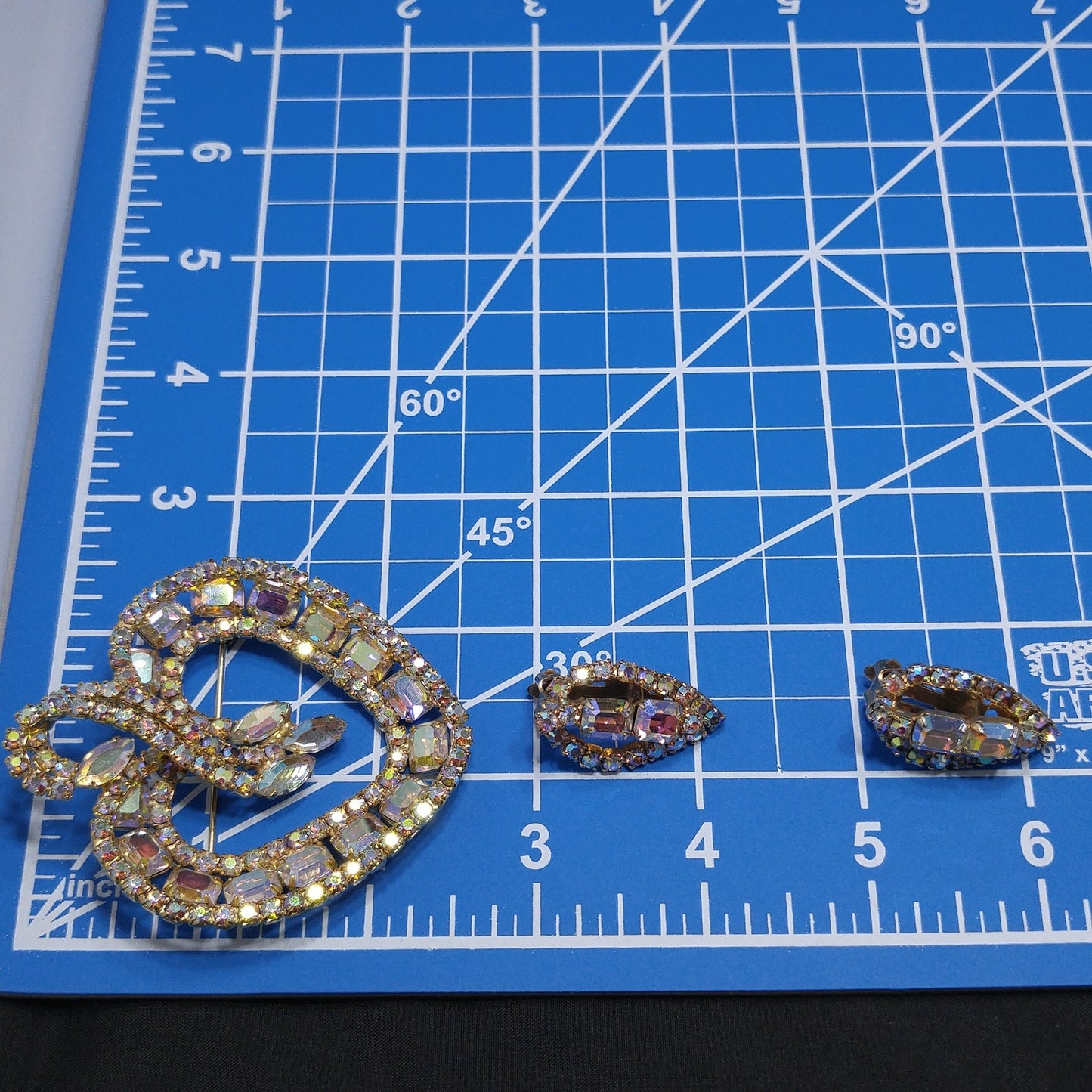 Vintage Gold Aurora Borealis Brooch Earrings, Gold Plated, 1960s Vintage Jewelry