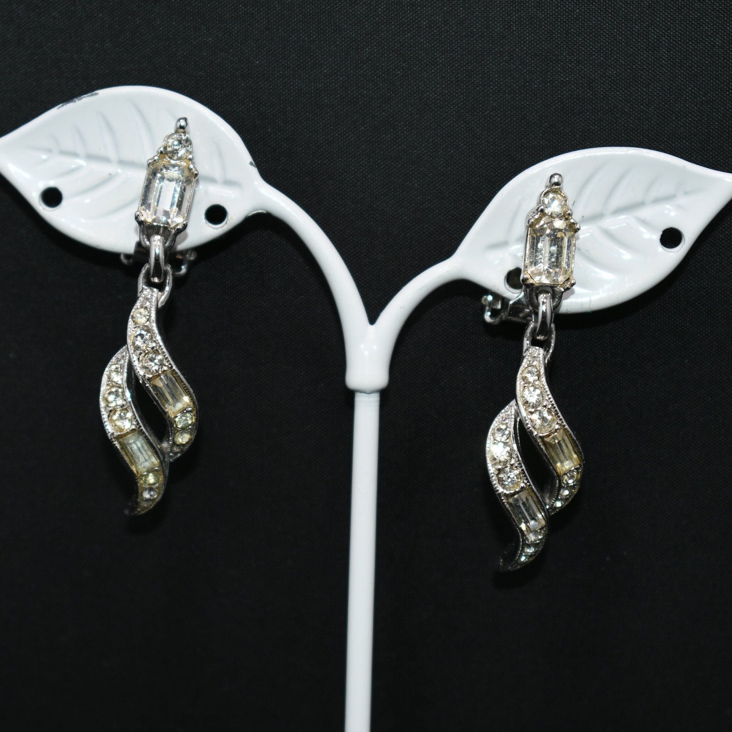 Bogoff Clear Rhinestone Clip Dangle Earrings, Rhodium Plated, Wedding Earrings, 1950s Vintage Jewelry