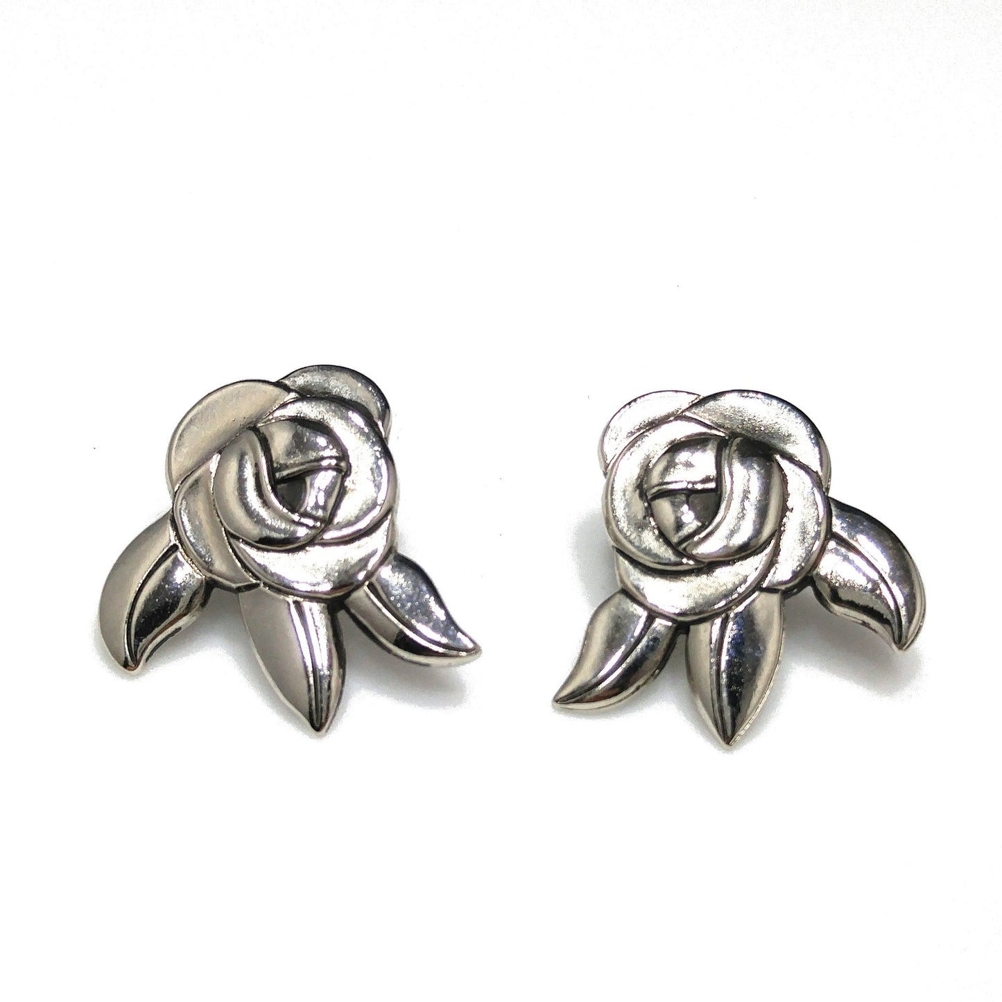 Vintage Laurel Burch Deco Rose Earrings, Rhodium Plated, Black Enamel, 1980s