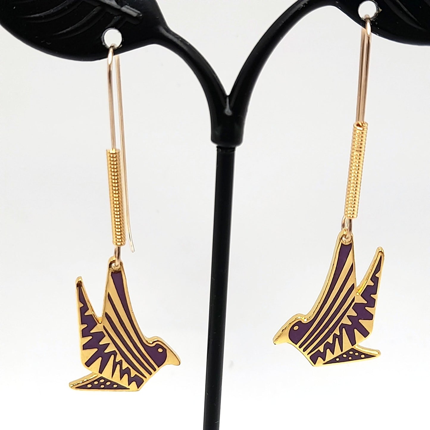 Laurel Burch Long Ear Wire Bird Earrings, Purple Enamel, Gold Plated, 1990s Vintage Jewelry