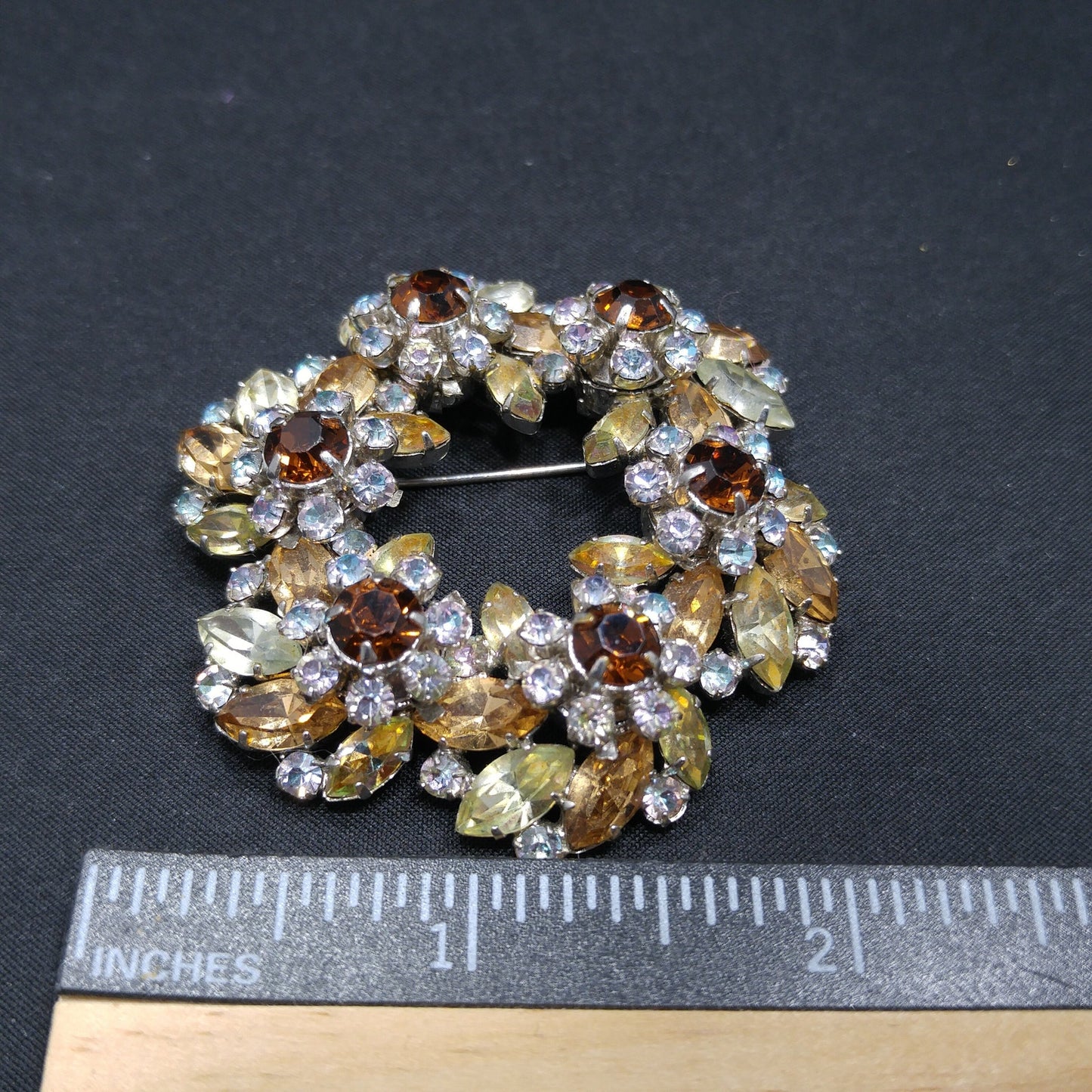 Austrian Floral Wreath Crystal Brooch, Rhodium Plated, 1960s Vintage Jewelry