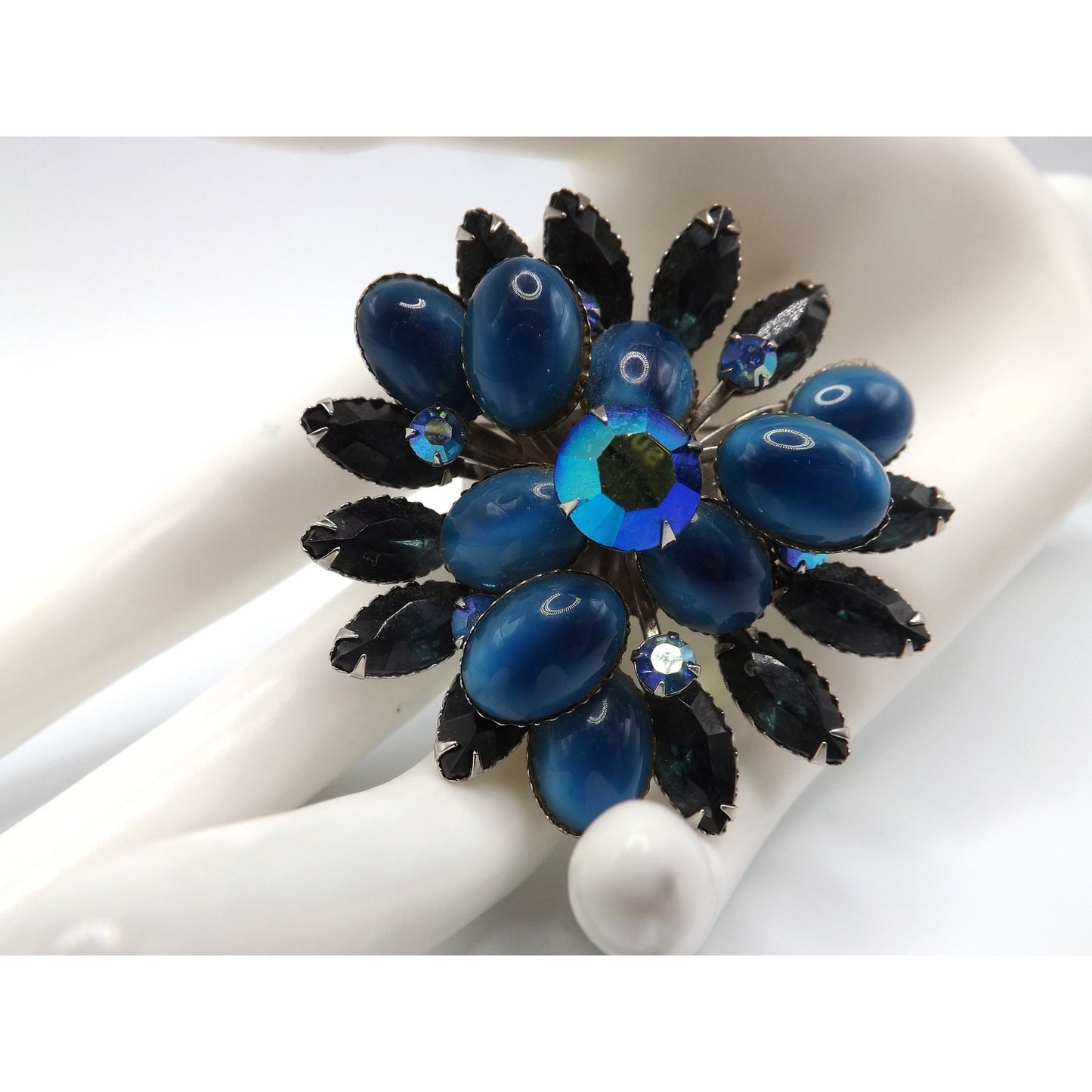 Blue Floral Mid-Century Brooch, Riveted Construction, 1950s Vintage Jewelry