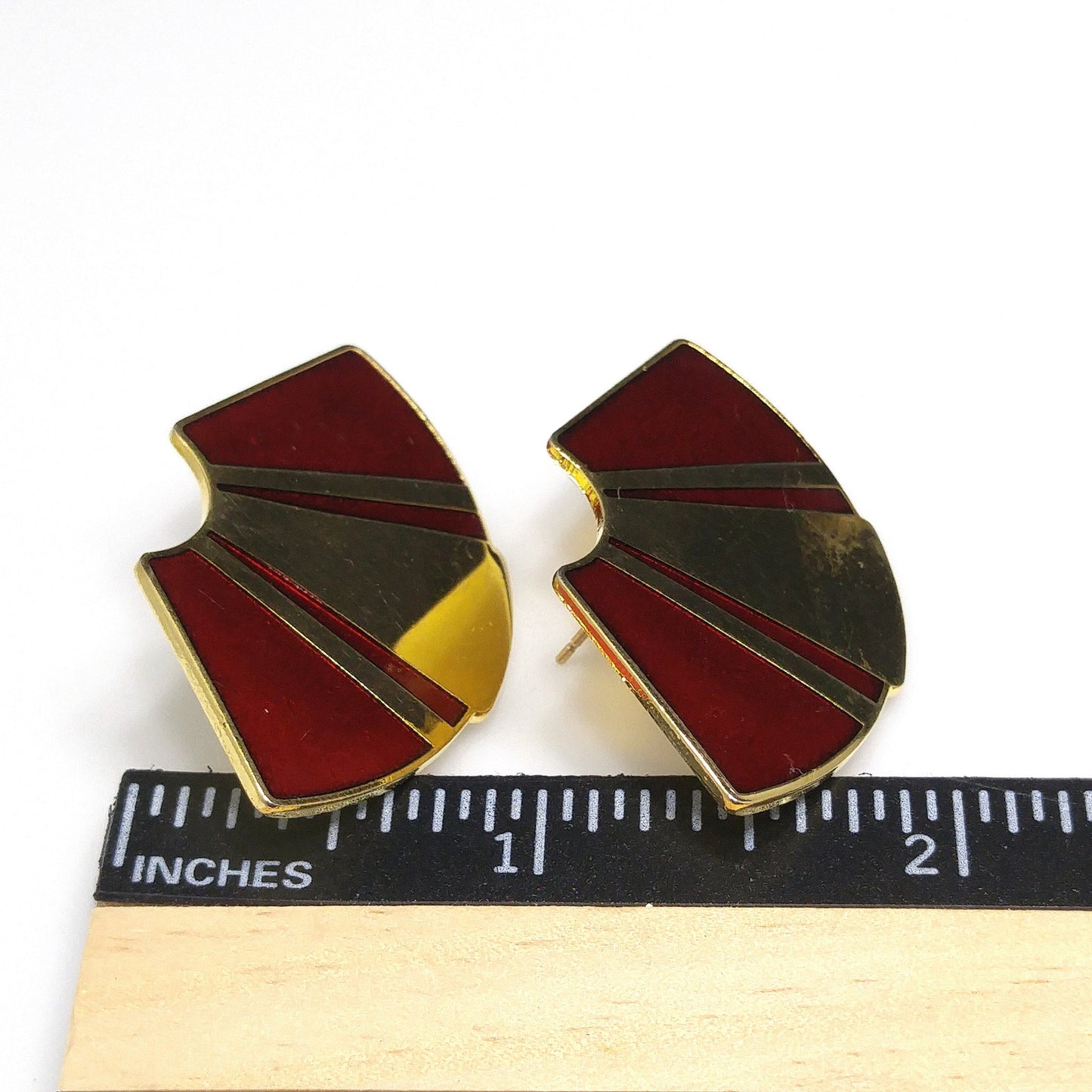 Laurel Burch Red Fan Post Earrings, Gold Plated, Red Metallic Enamel, 1980s