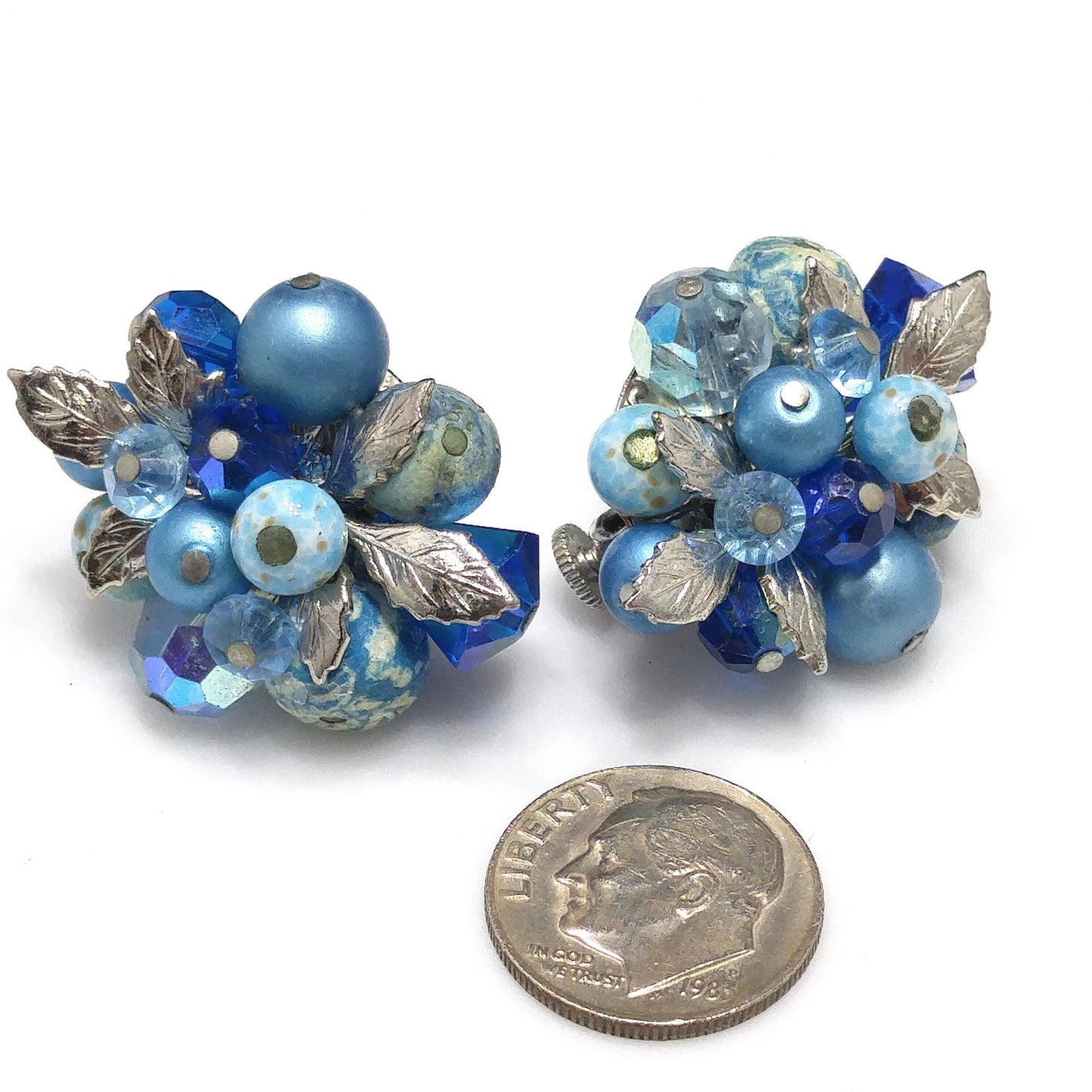 Vendome Blue Beaded Clip Earrings, Aurora Borealis, Silver Leaves, 1960s Vintage Jewelry