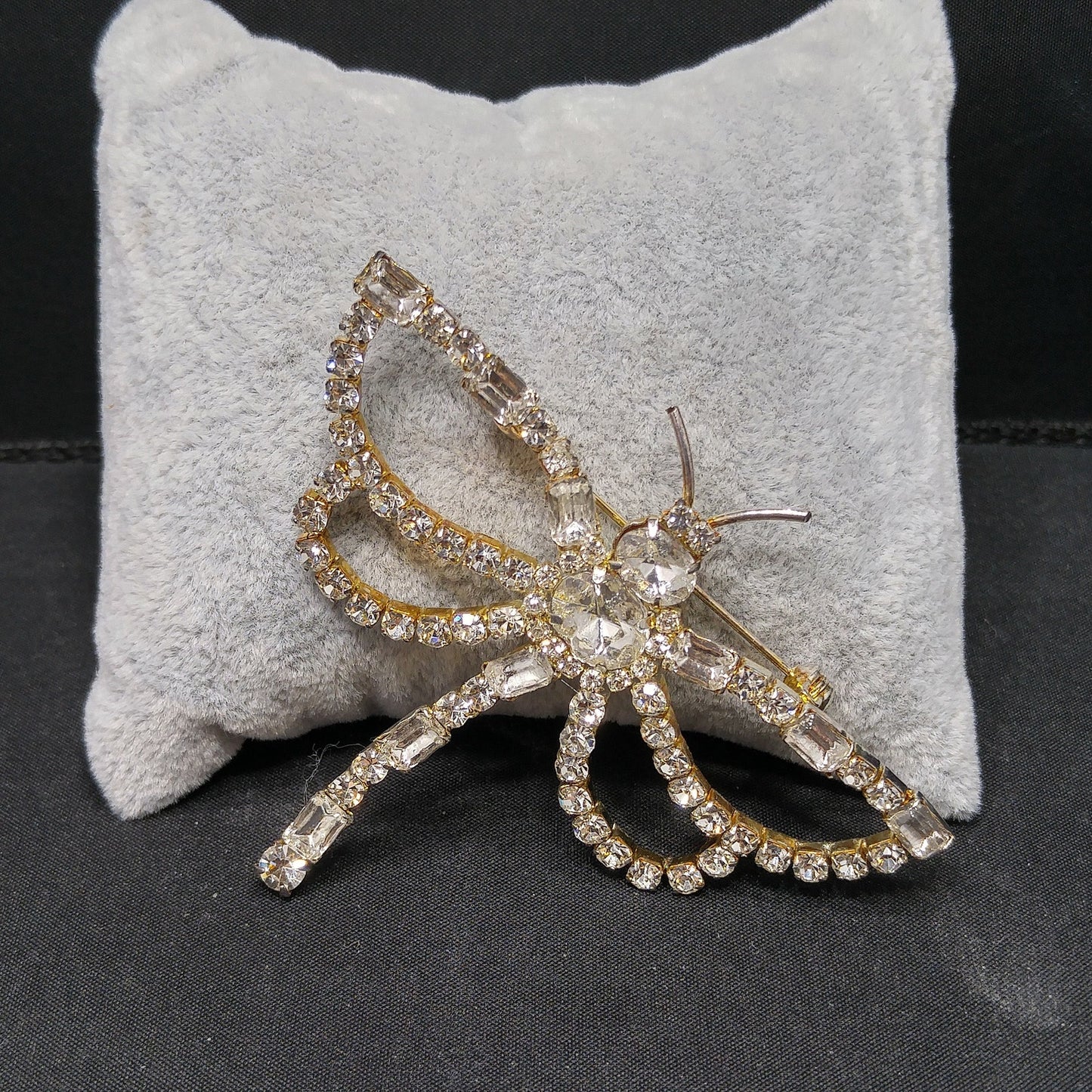Clear Rhinestone Dragonfly Brooch, Mid-Century, Foil Back Stones, 1950s Vintage Jewelry