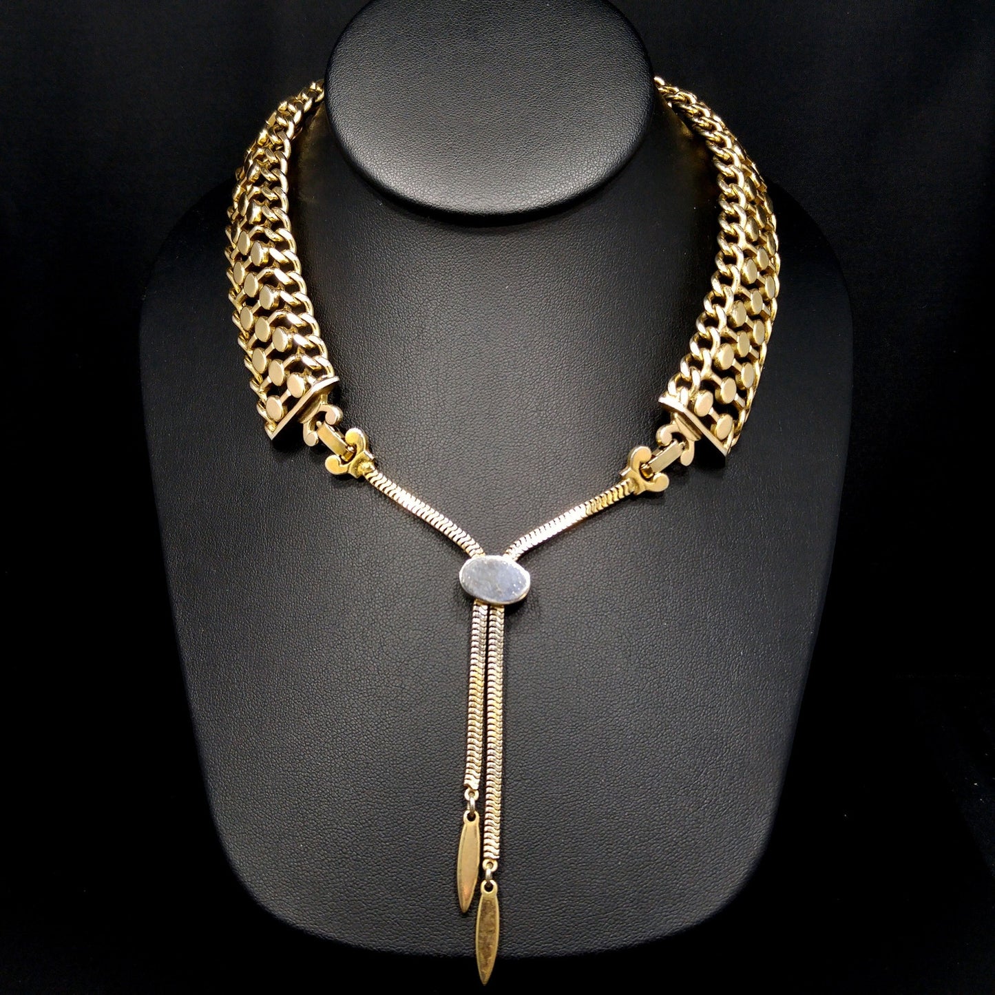 Mid Century MONET Collar Necklace, Tassel Down Back & Two Clasps, Gold Plated, 1950s Vintage Jewelry