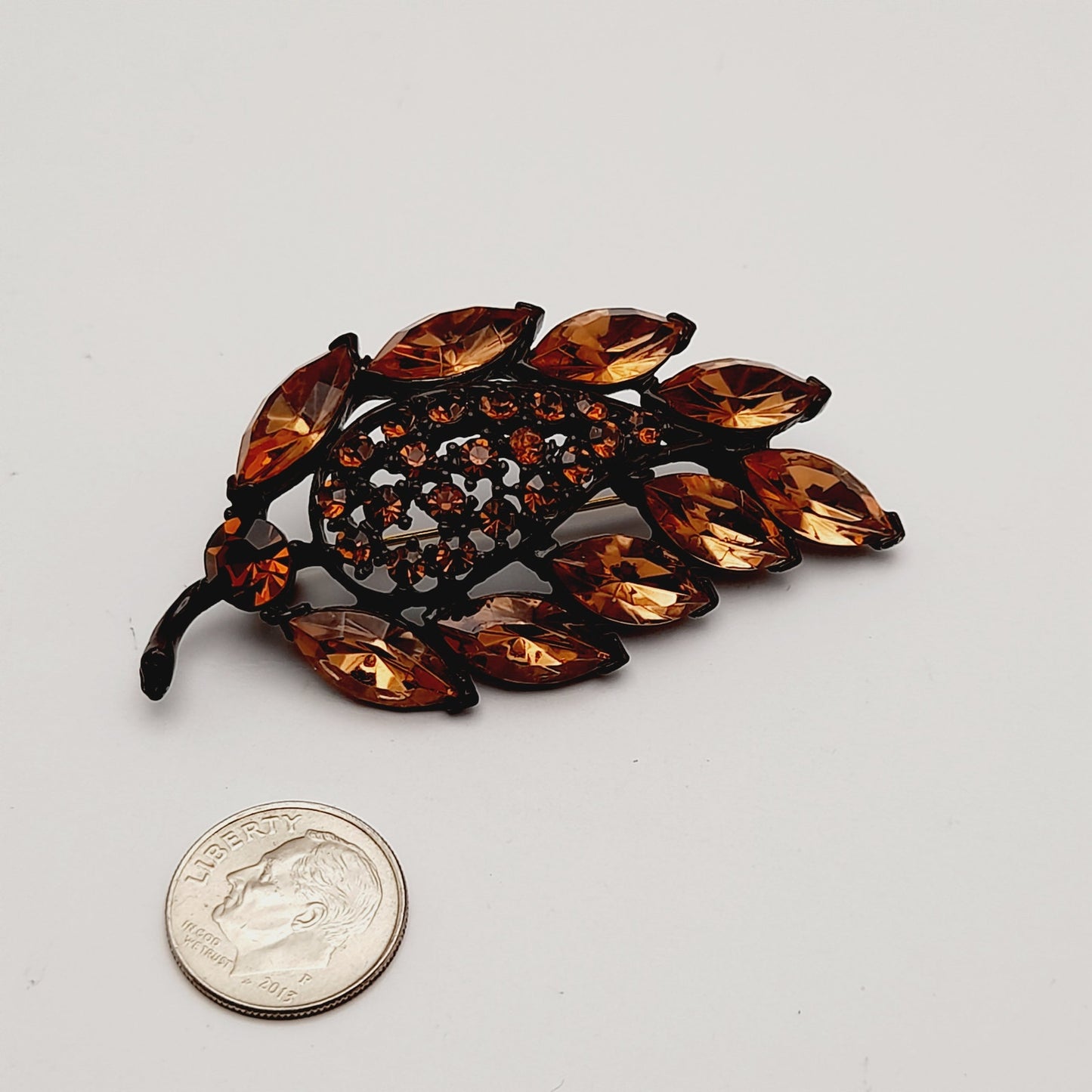 Vintage MGENT Topaz Rhinestone Leaf Japanned Brooch Pin