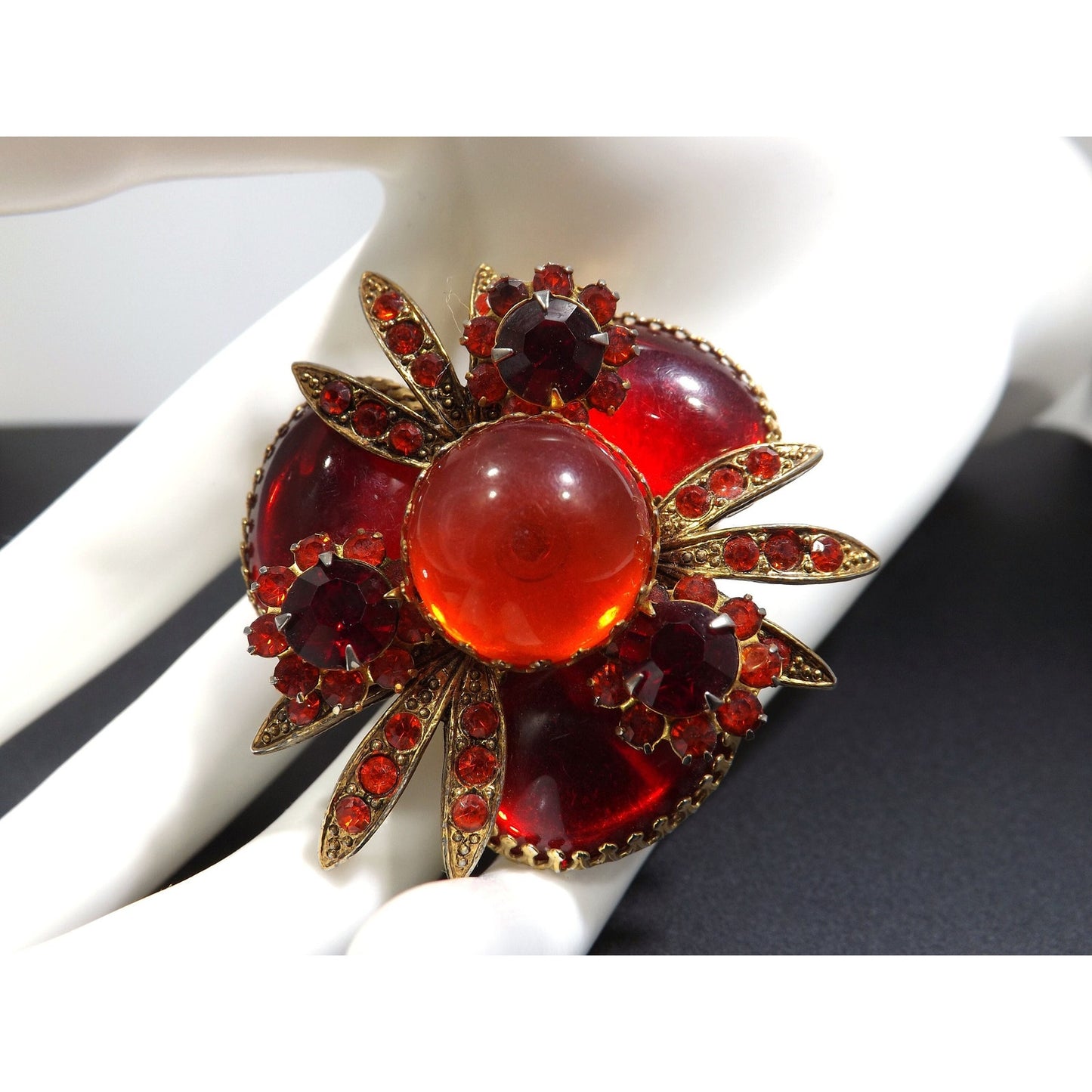 Red Rhinestone Orange Cabs Designer Brooch, Dog Tooth Cabochons, 1960s Vintage Jewelry