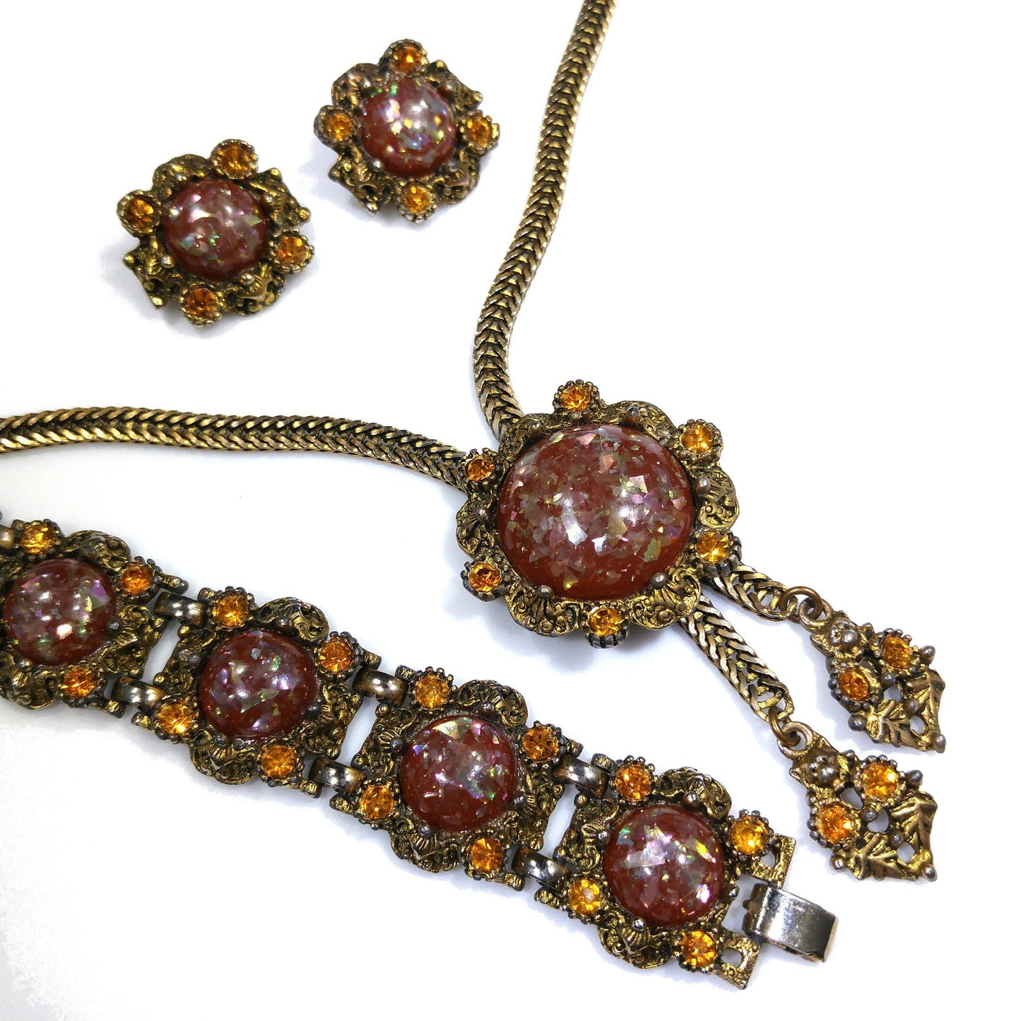 Glitter Lucite Light Topaz Rhinestones Jewelry Set, Necklace Bracelet Clip Earrings, 1950s Vintage Jewelry