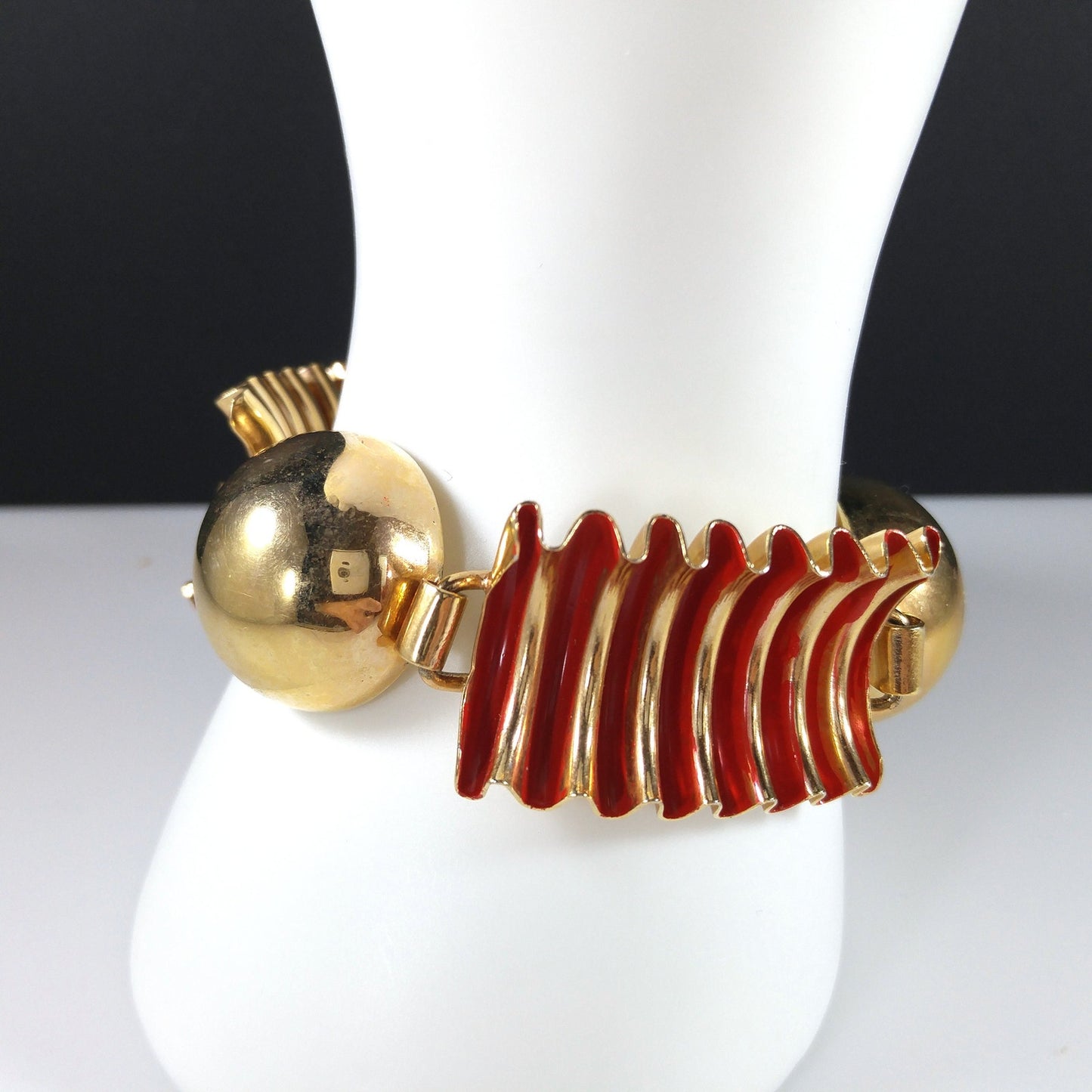 Red Enamel Ribbon Bracelet, Mid Century Modern, Gold Plated, 1950s Vintage Jewelry