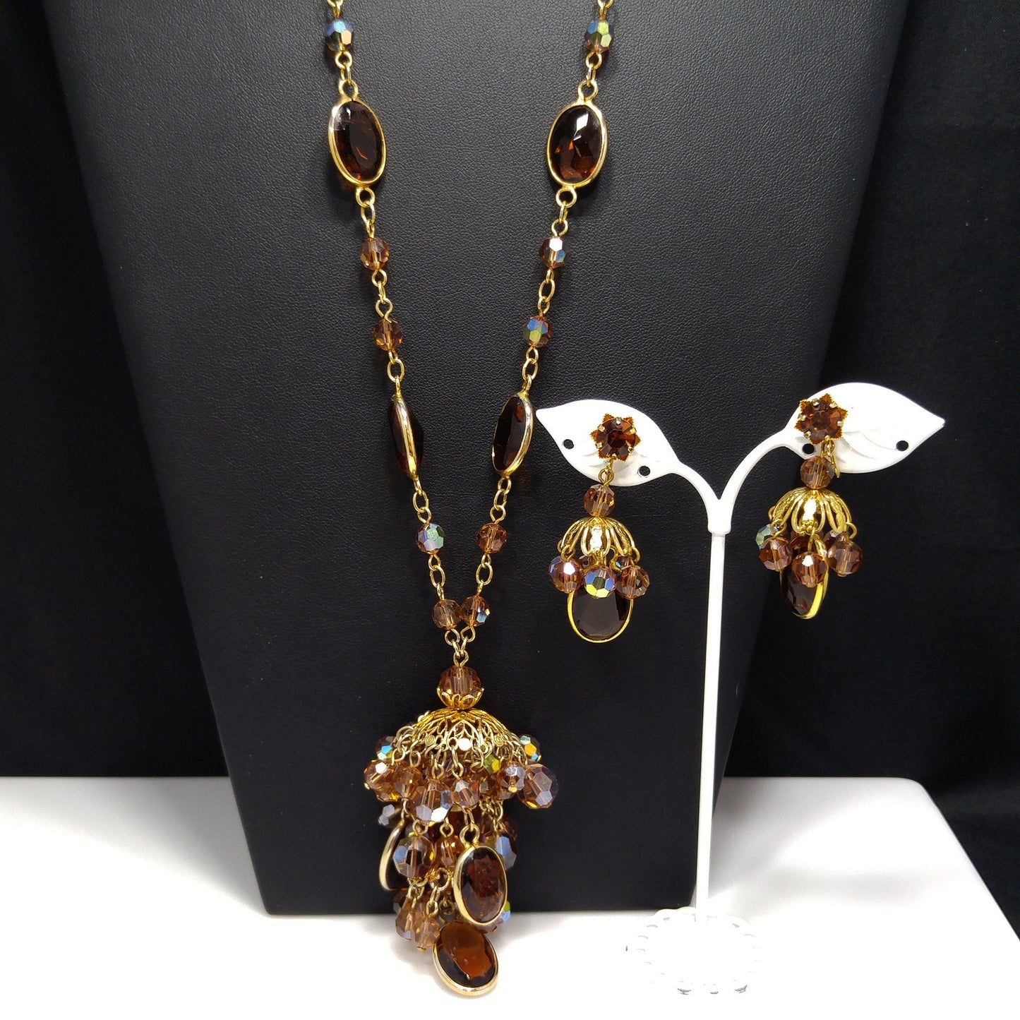 Filigree Chandelier Pendant Necklace & Earrings, Topaz Crystal Beads, 1970s Vintage Jewelry