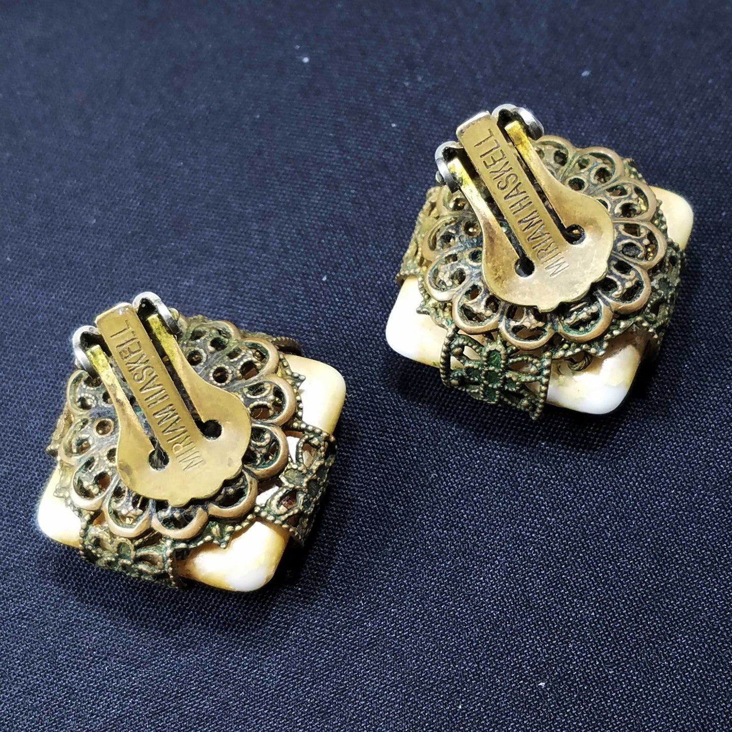 Miriam Haskell Clip Earrings, Gold Tone Pearl Cabochon, Filigree Brass, 1940s Vintage Jewelry