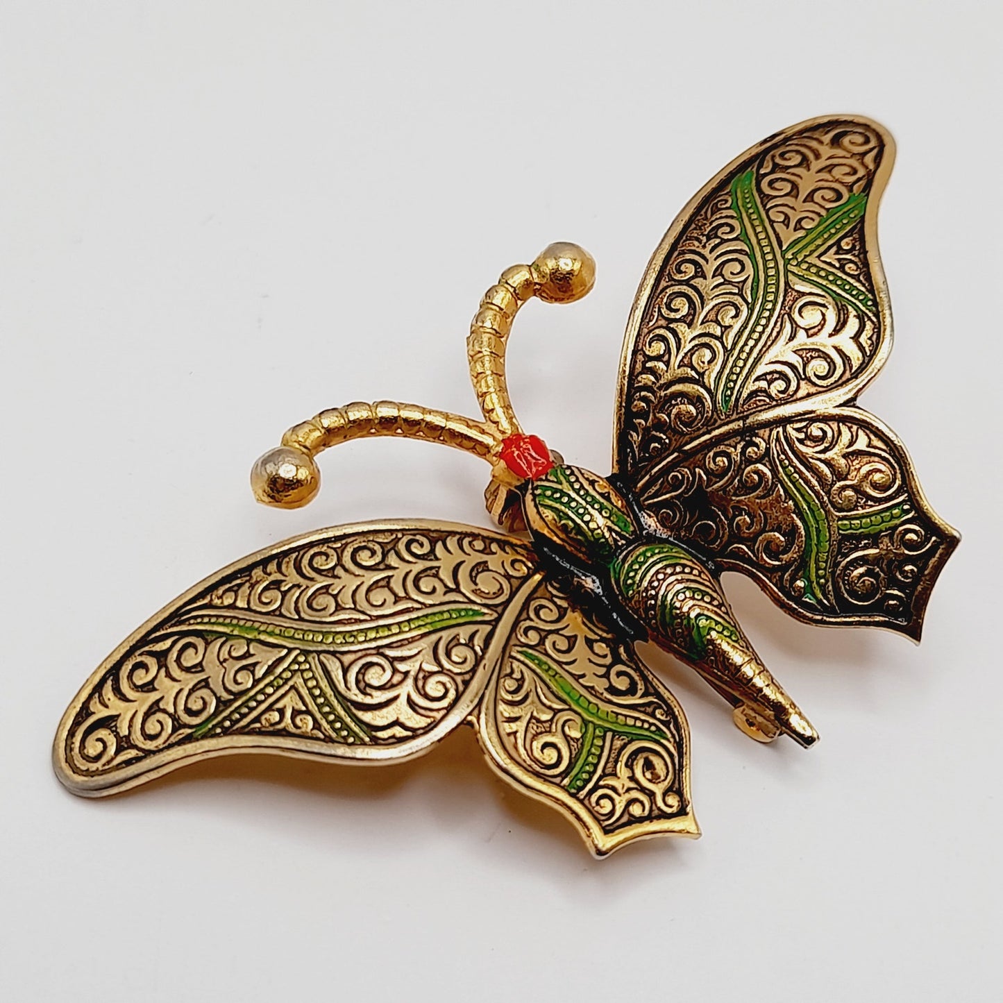 Vintage Damascene Butterfly Brooch, Gold Tone Green Black Red Enamel – 2 ¾”