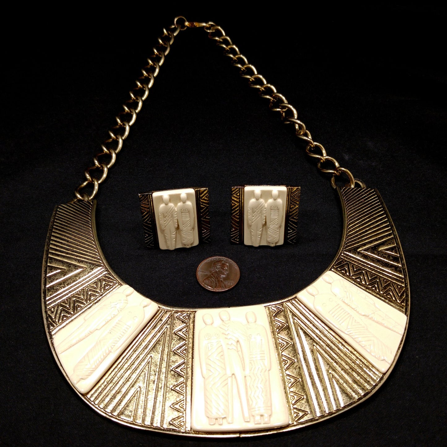 Laurel Burch Tribal Necklace & Clip Earrings, Lucite Gold Plate, 1980s Vintage Jewelry