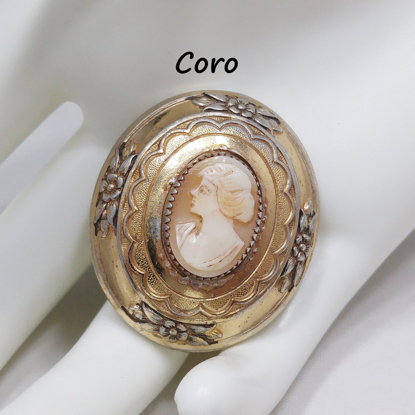 Coro Shell Carved Cameo Brooch, Gold Over Silver, 1950s Vintage Jewelry