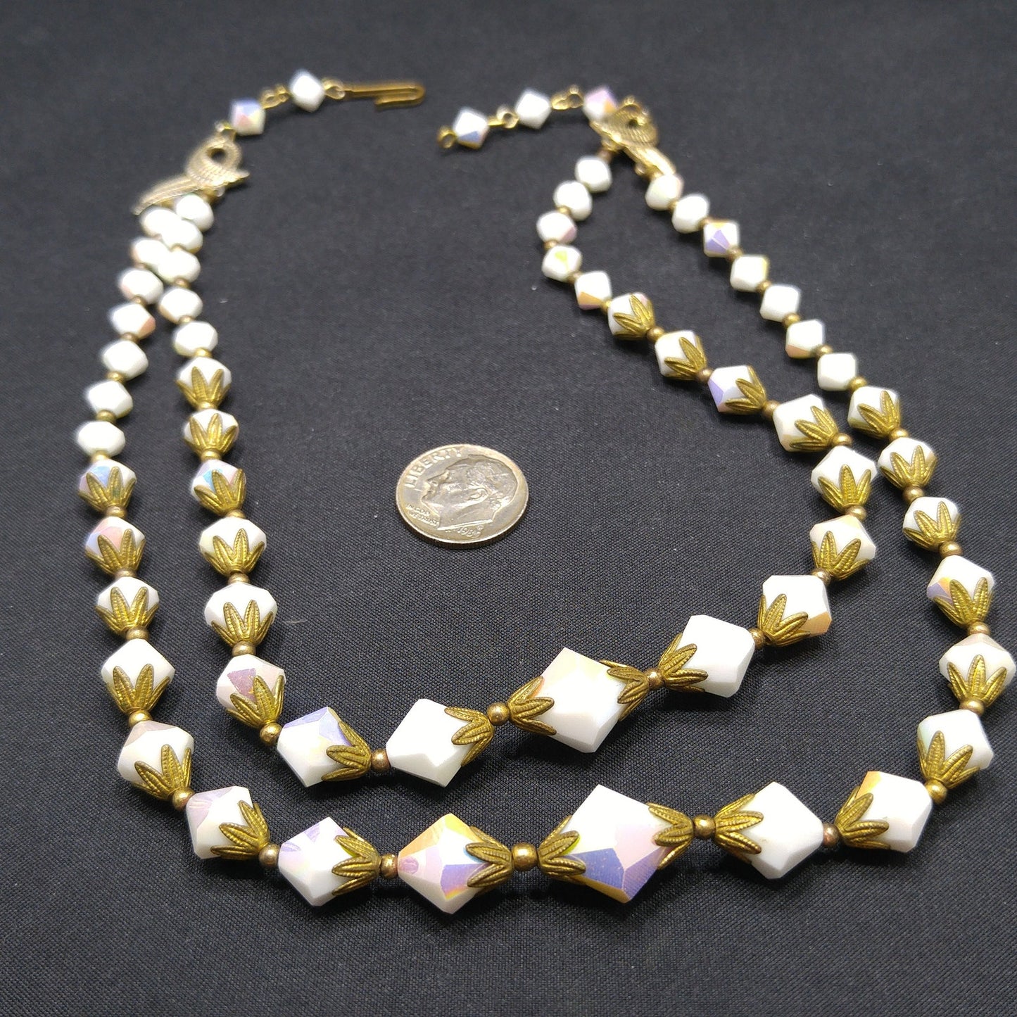 White Crystal Fire Polished Two Strand Necklace, Golden Brass End Caps, 1950s Vintage Jewelry