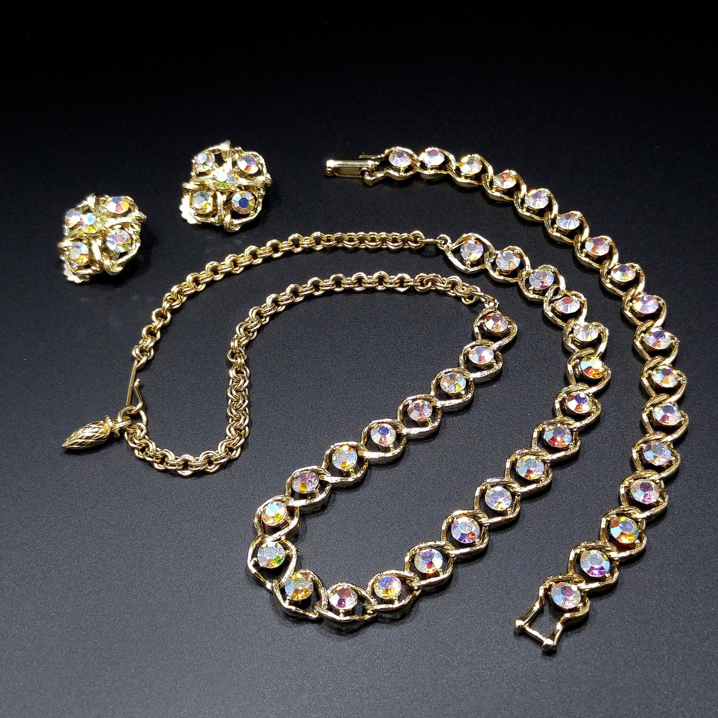 Aurora Borealis Rhinestone Necklace Bracelet & Earrings, Gold Plated, 1960s Vintage Jewelry