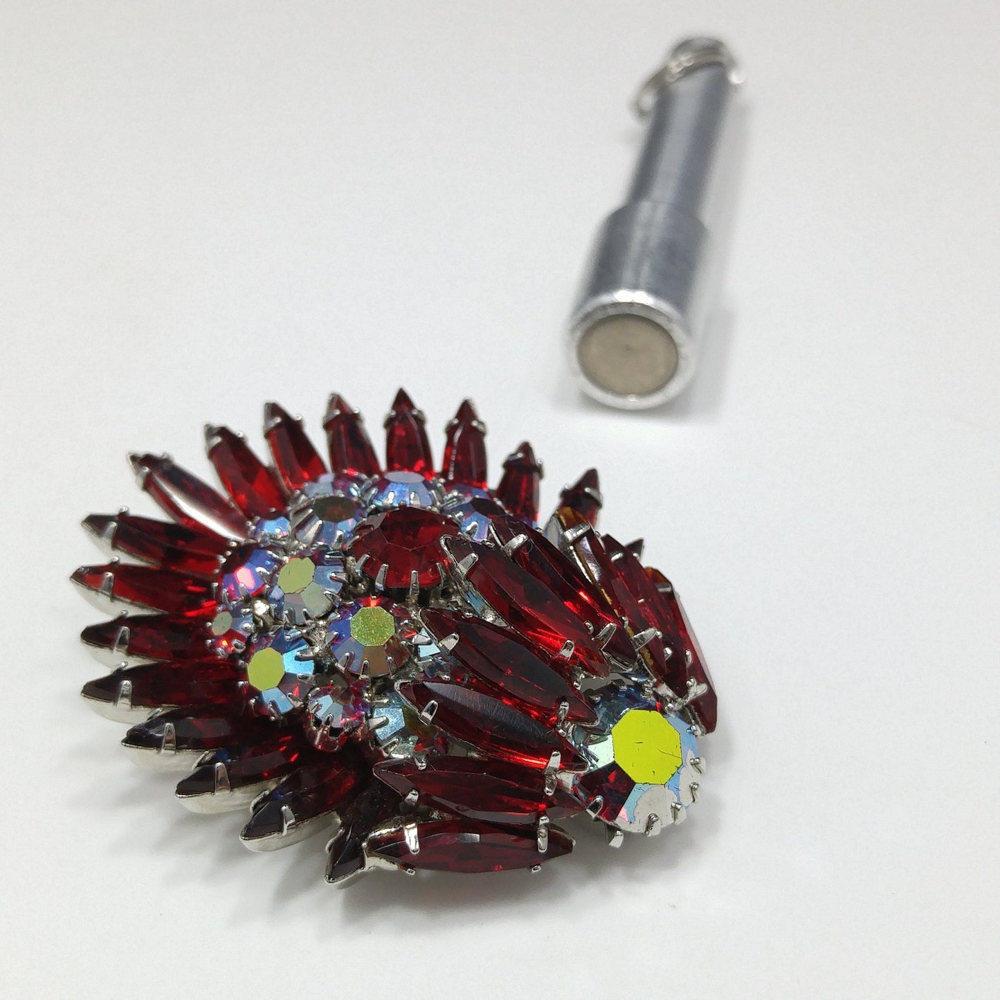 Ruby Red Rhinestone Navette Brooch, Unsigned Designer Beauty, Rhodium Plated, 1960s Vintage Jewelry