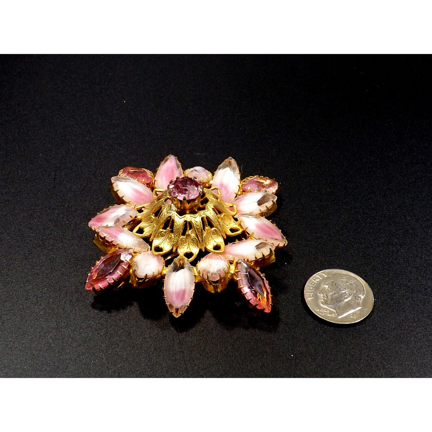Pink Rhinestone Art Glass Domed Floral Brooch, Gold Plated Filigree, 1960s Vintage Jewelry