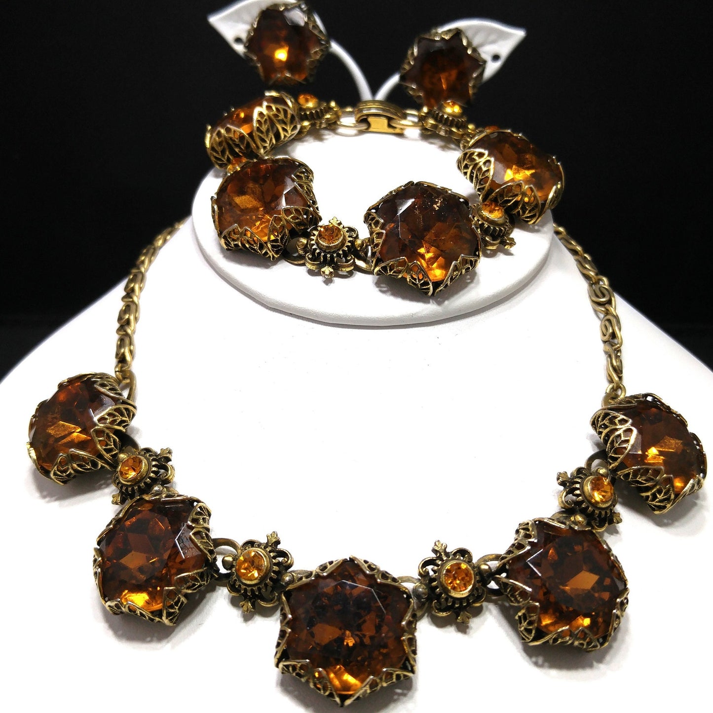 Vintage Topaz Glass Necklace Bracelet Earrings Set, Filigree Golden Brass, 1950s Vintage Jewelry