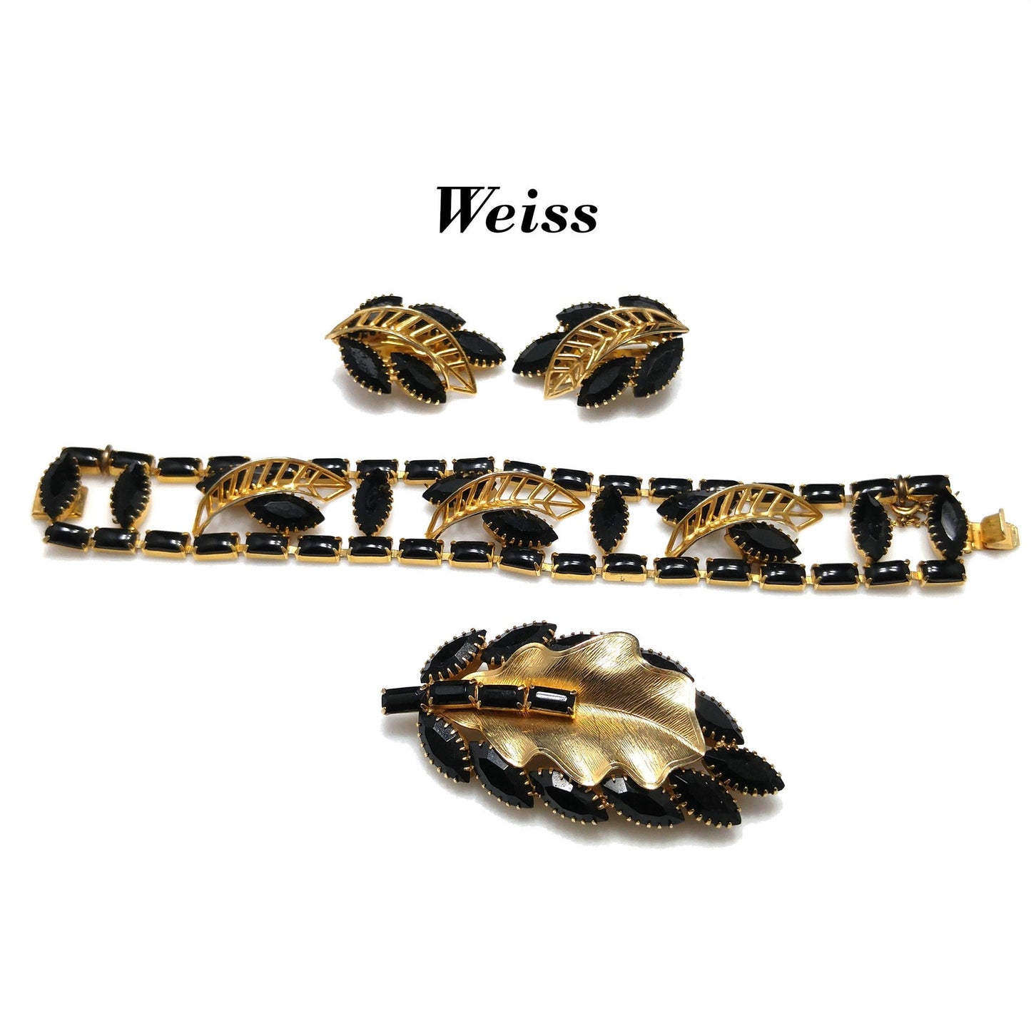 Vintage Weiss Black Rhinestone Jewelry Set, Bracelet Brooch Earrings