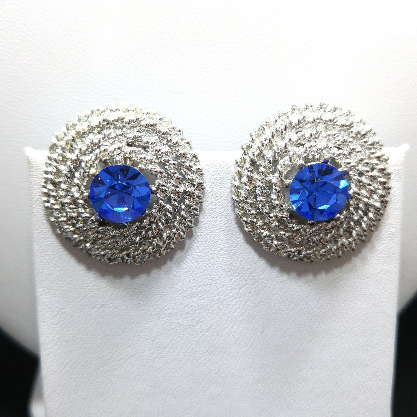Blue Rhinestone Necklace Clip Earrings, Rhodium Plated Links, 1950s Vintage Jewelry