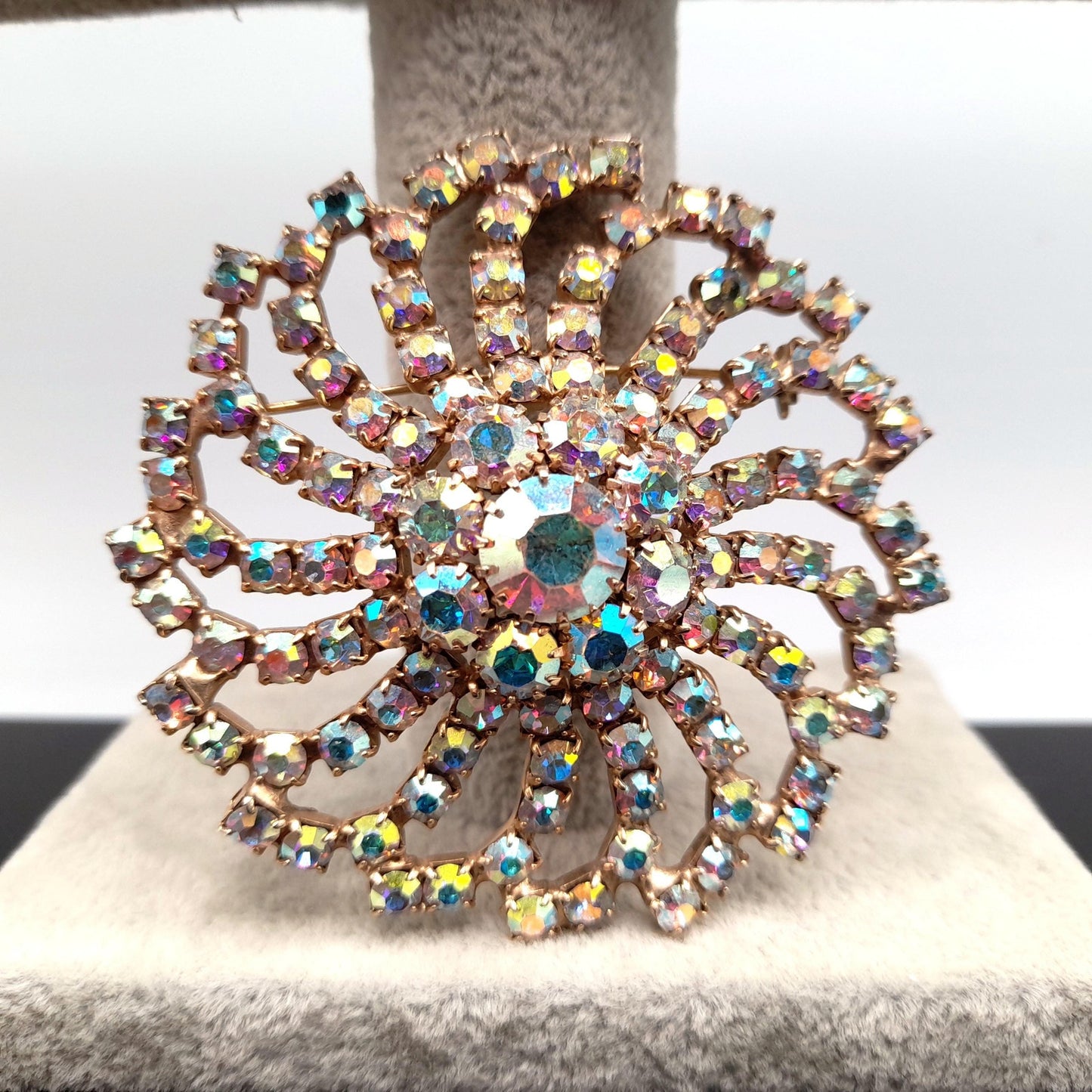 Mid-Century Aurora Borealis Rhinestone Brooch, Gold Plated, 1960s Vintage Jewelry