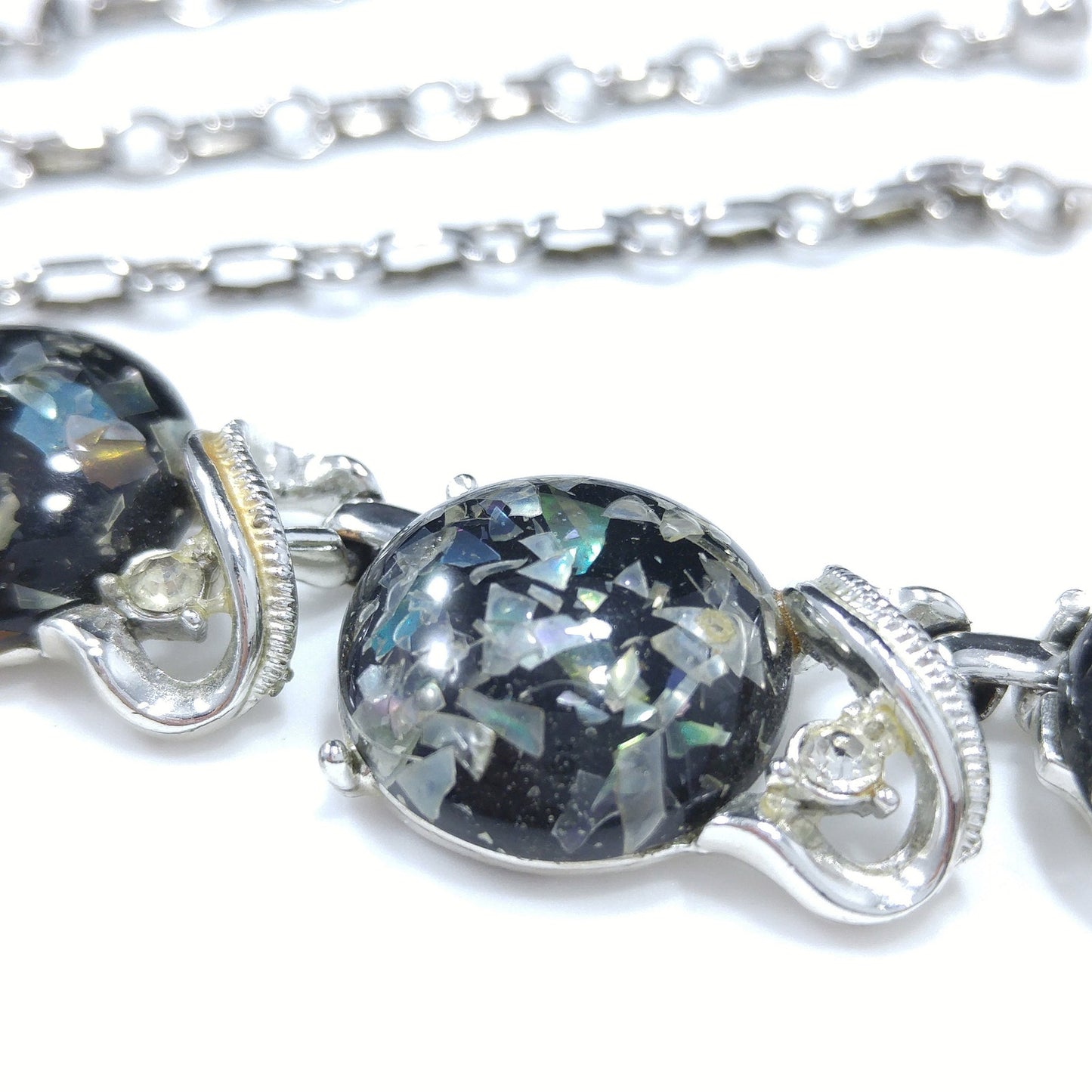 Coro Lucite Confetti Necklace, Gray Lucite & Silver Tone, 1950s Vintage Jewelry