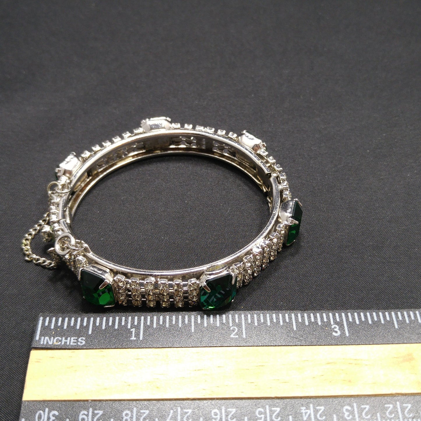 Kramer Green Rhinestone Hinged Bracelet, Safety Chain, 1960s Vintage Jewelry