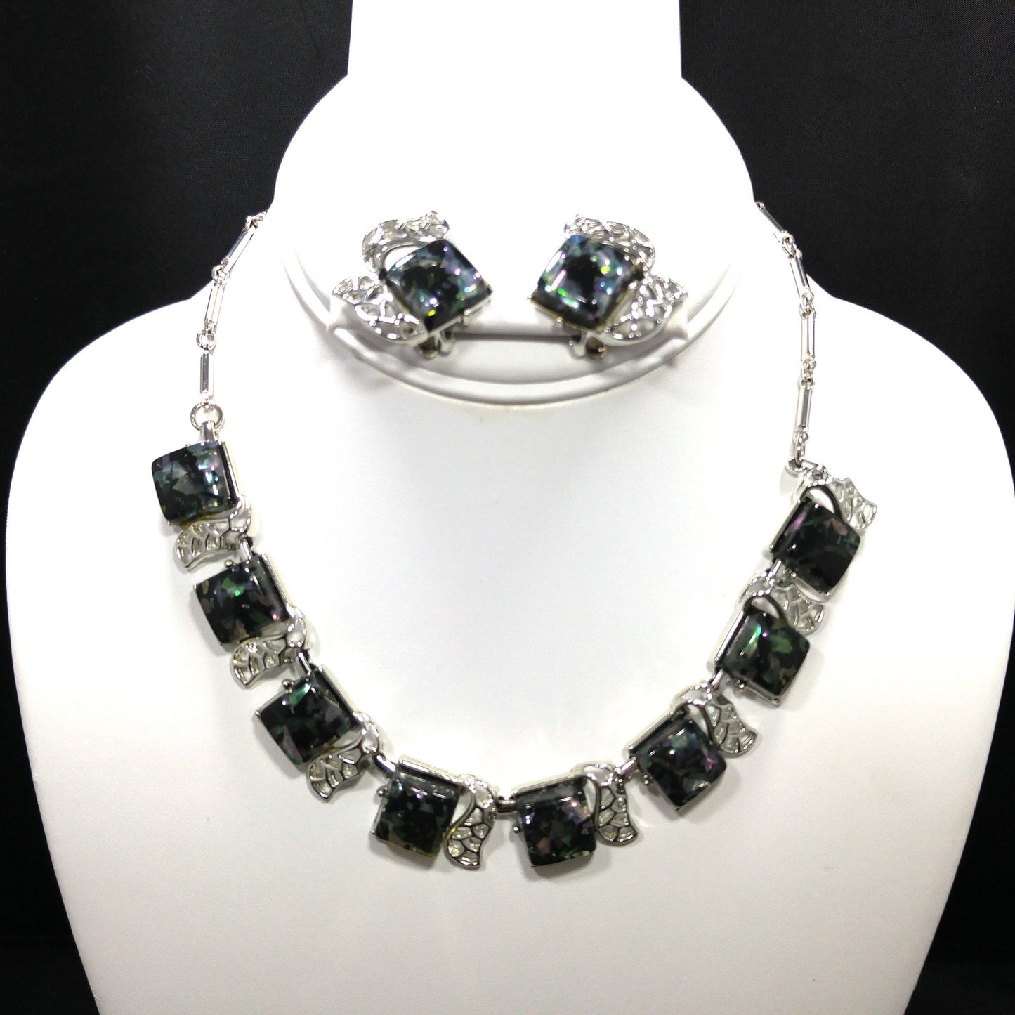 Coro Confetti Lucite Necklace Clip Earrings, 1950s Vintage Jewelry
