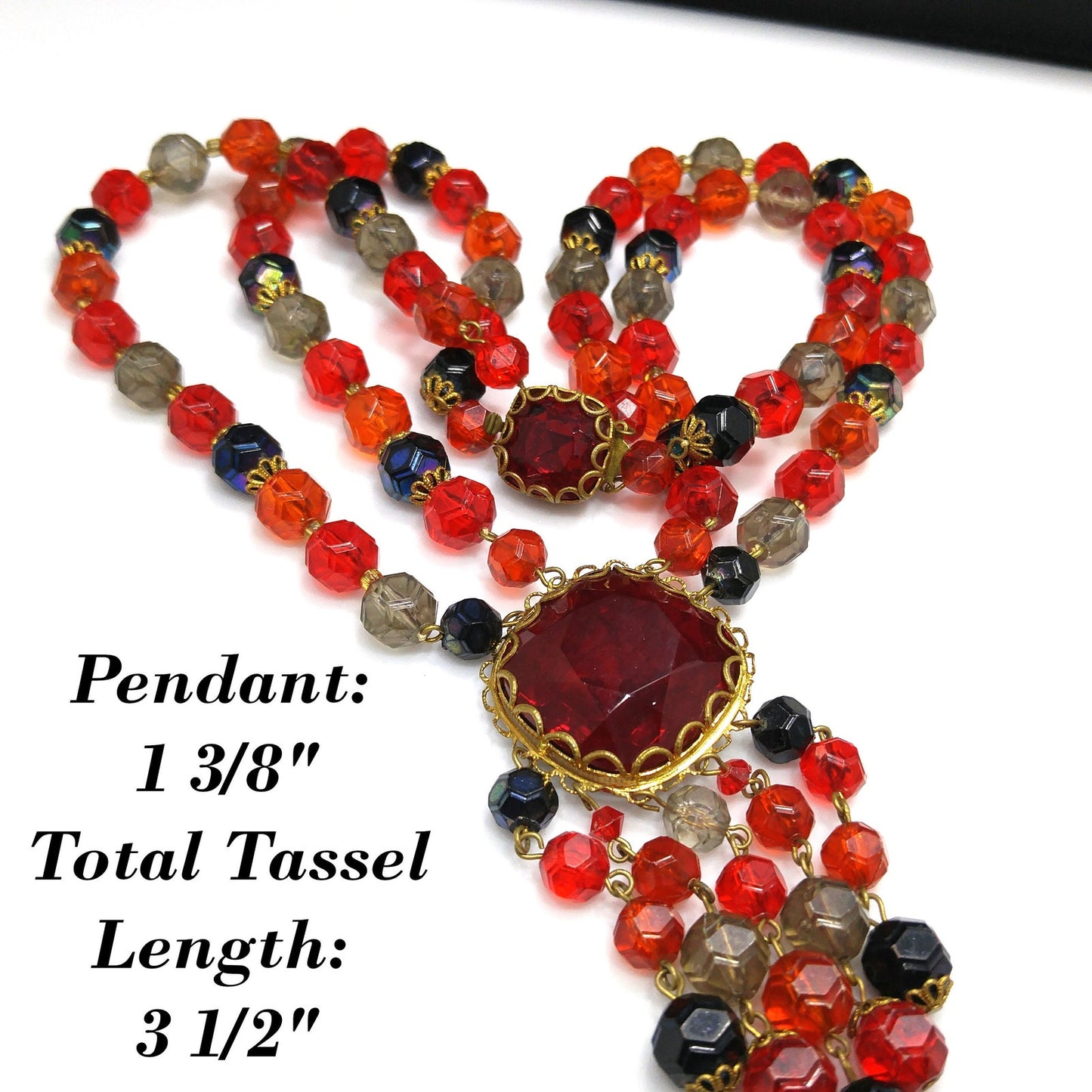 Western Germany Red Glass Pendant Necklace, Lucite Beads, 1950s Vintage Jewelry
