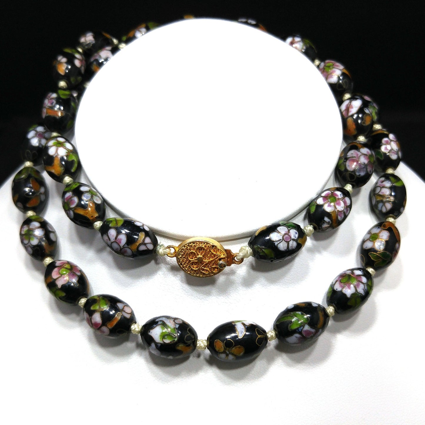 Vintage Cloisonné Beaded Necklace, Black Hand Painted Floral Beads, 1960s Vintage Jewelry