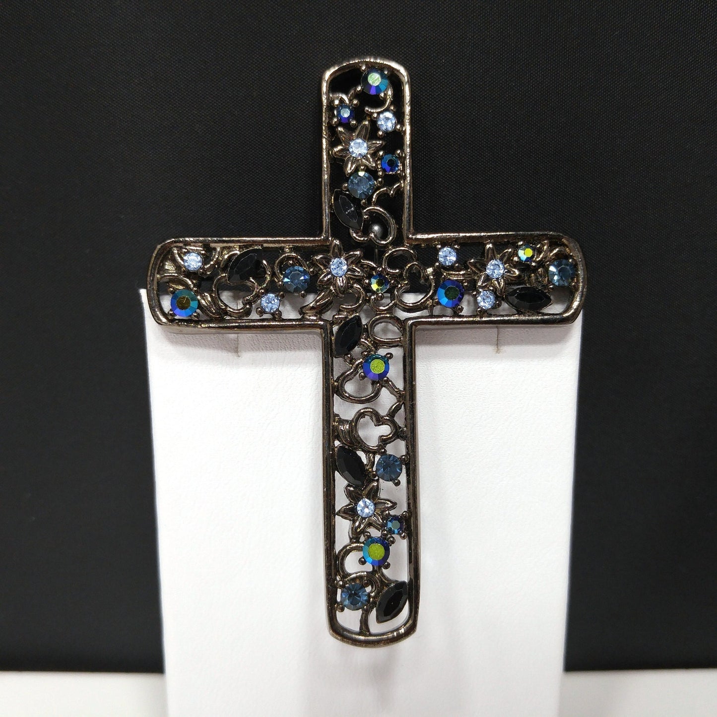 Givenchy Large Cross Brooch, Aurora Borealis Blue Rhinestones, 1990s Vintage Jewelry