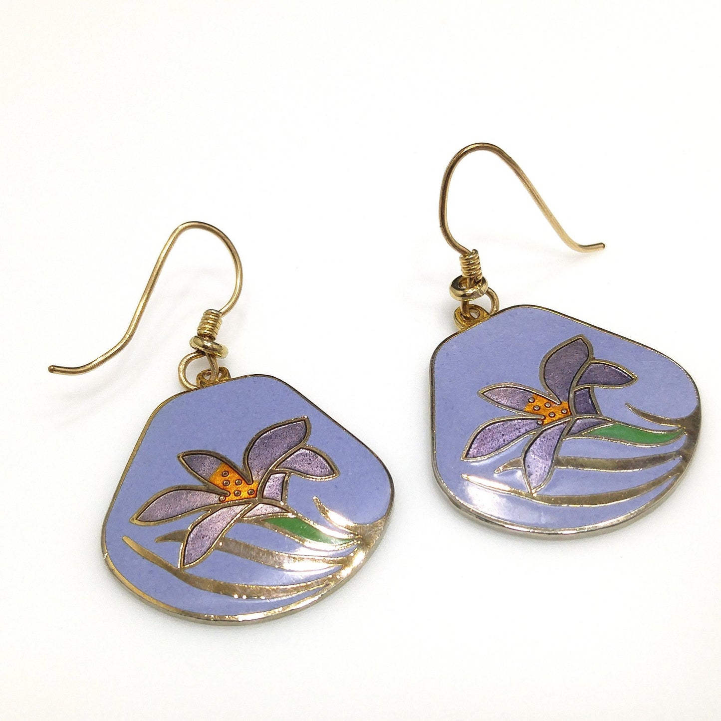 Vintage Laurel Burch Purple Lily Earrings, Cloisonne Enamel, Gold Plated