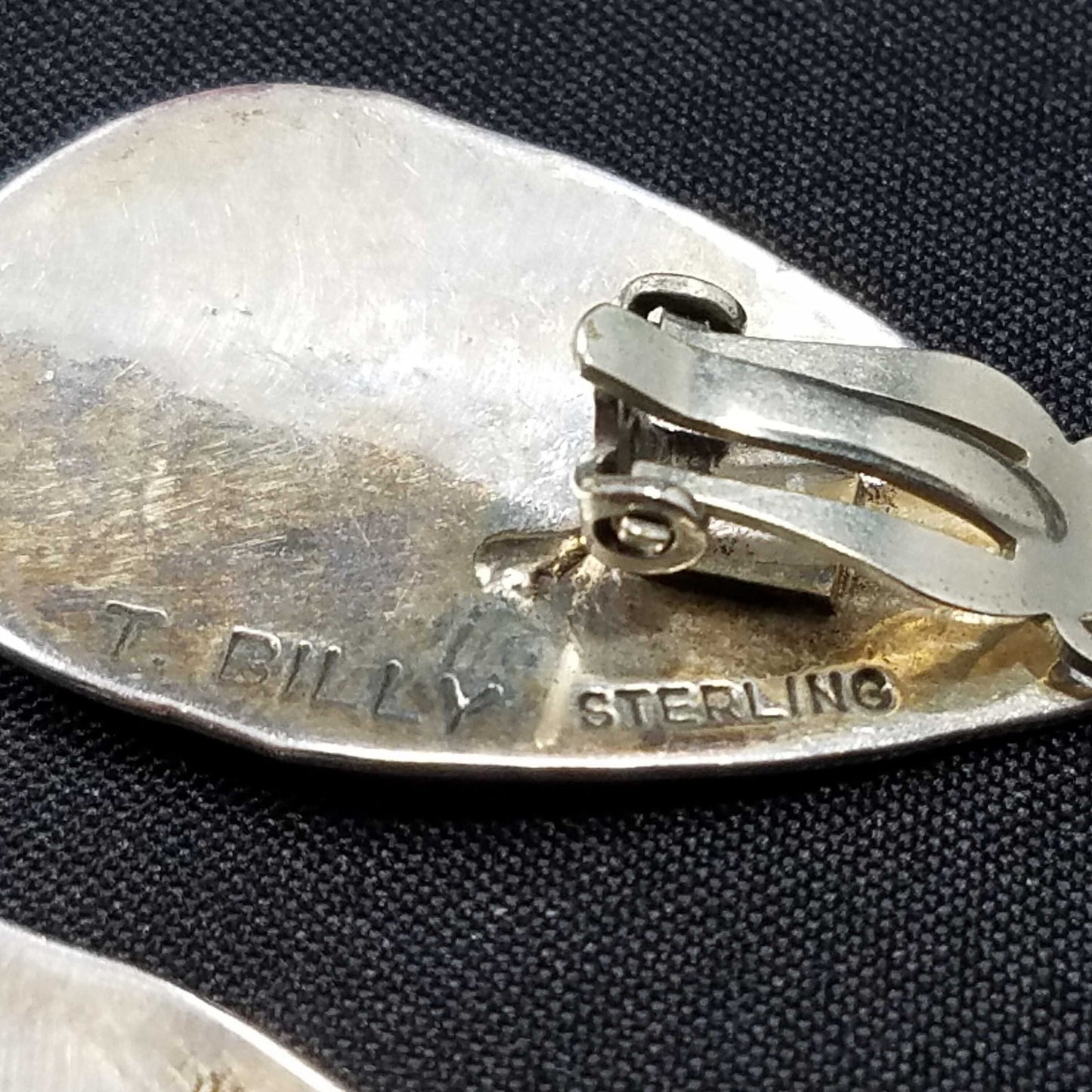 Vintage Navajo T. Billy Sterling Silver Clip Earrings, Black Enamel