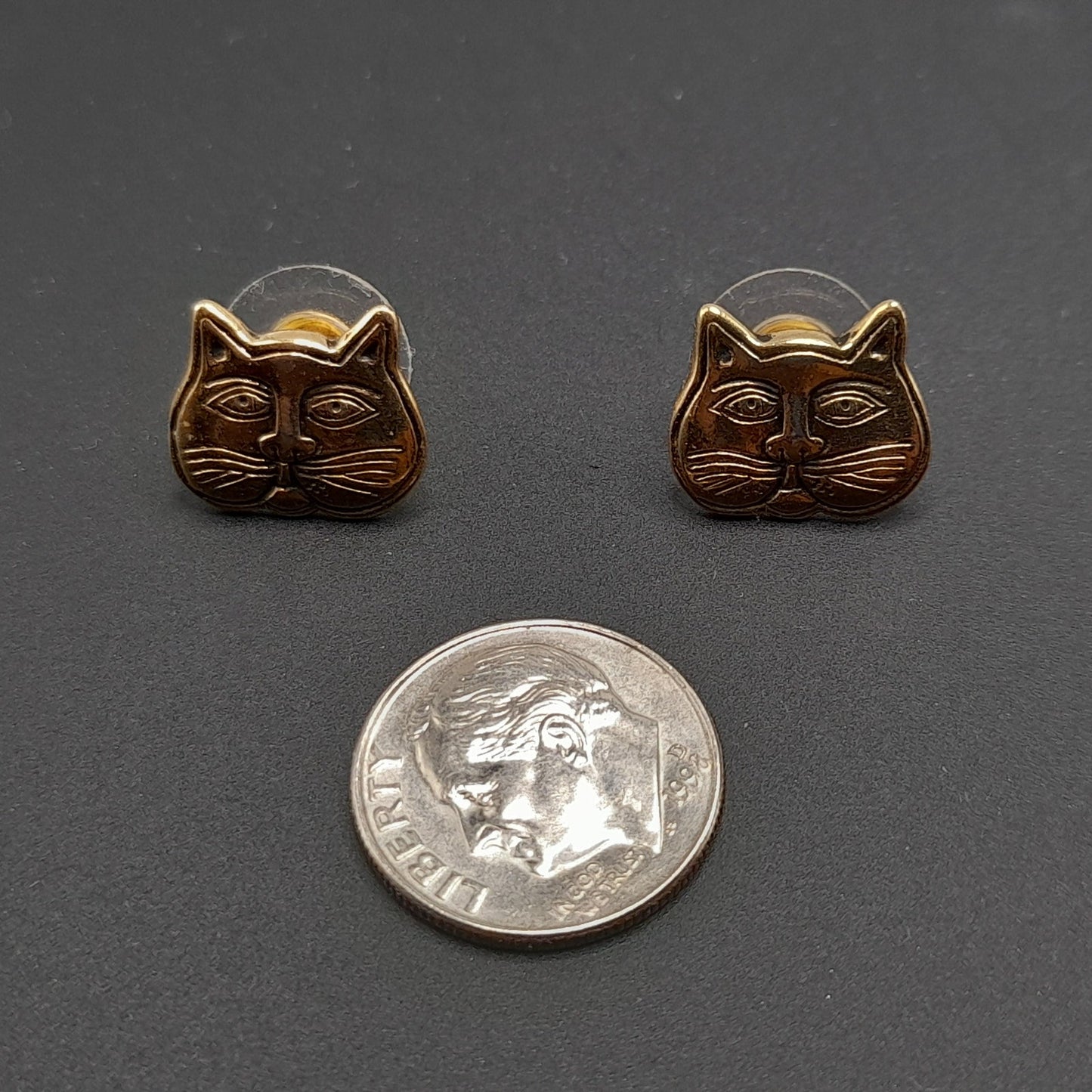 Laurel Burch Cat Face Earrings, Gold Plated Cats, Gold Filled Posts, 1980s