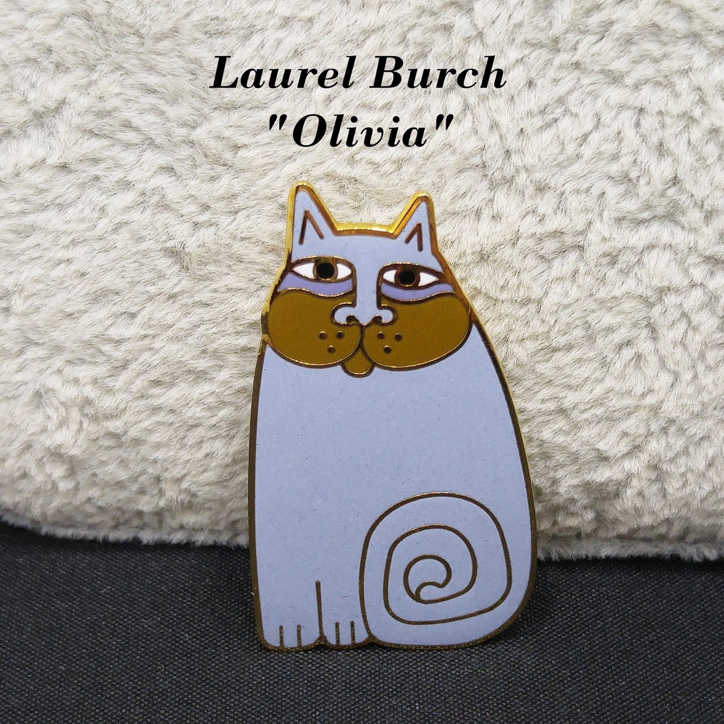 Vintage Laurel Burch "Olivia" Lavender Cat Brooch, Gold Plated, Enamel, 1980s