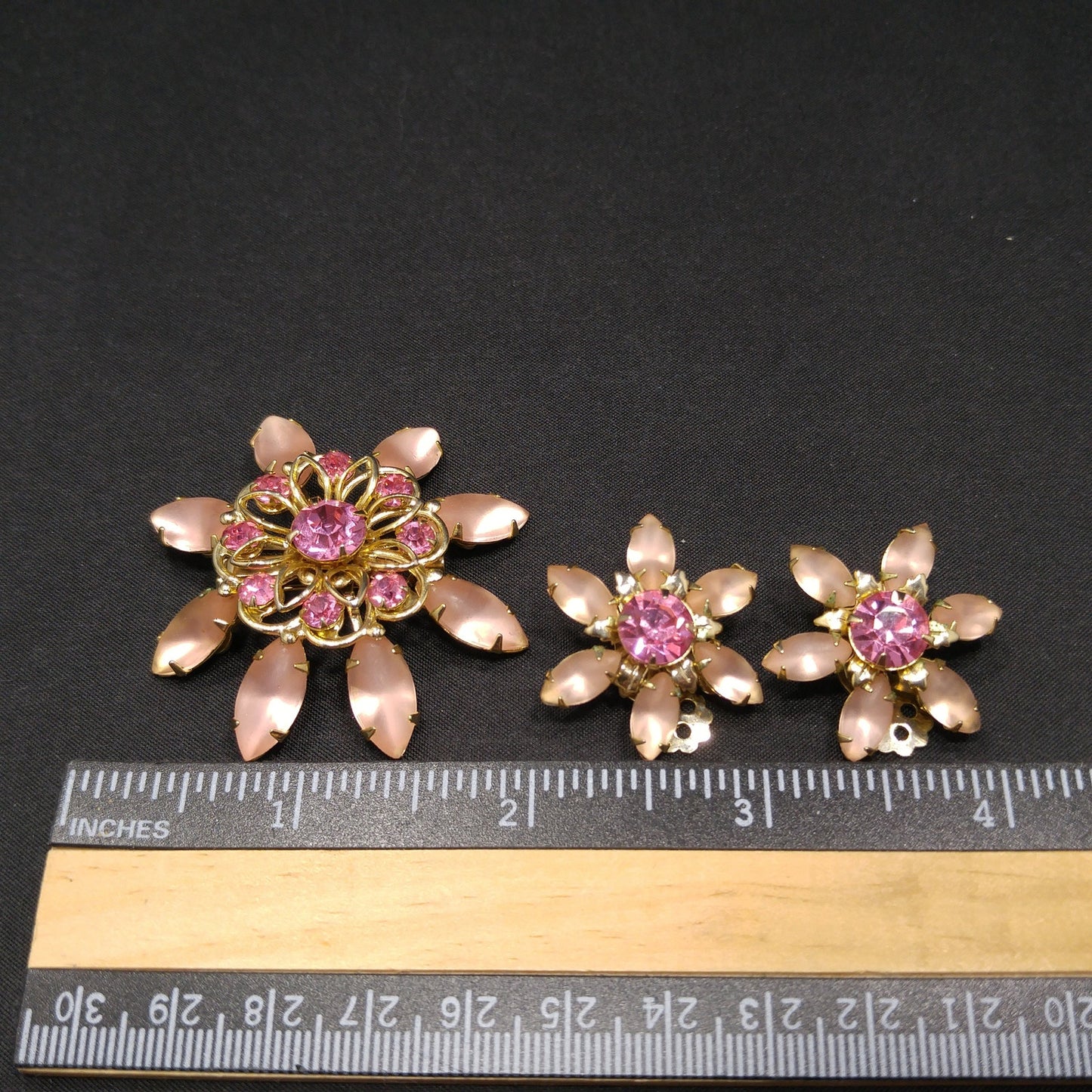Mid-Century Pink Flower Brooch & Earrings, Frosty Light Pink Cabs, Hot Pink Rhinestones, 1950s Vintage Jewelry