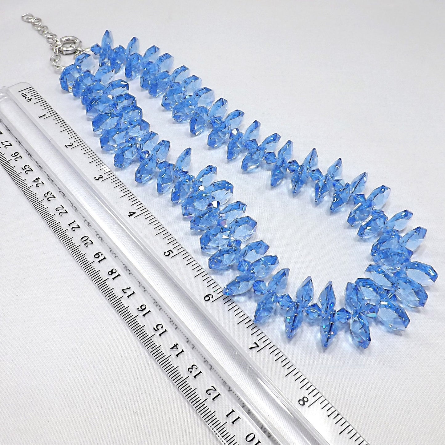Blue Austrian Crystal Necklace, Side Hole Beads, 925 Silver Clasp, 1990s Vintage