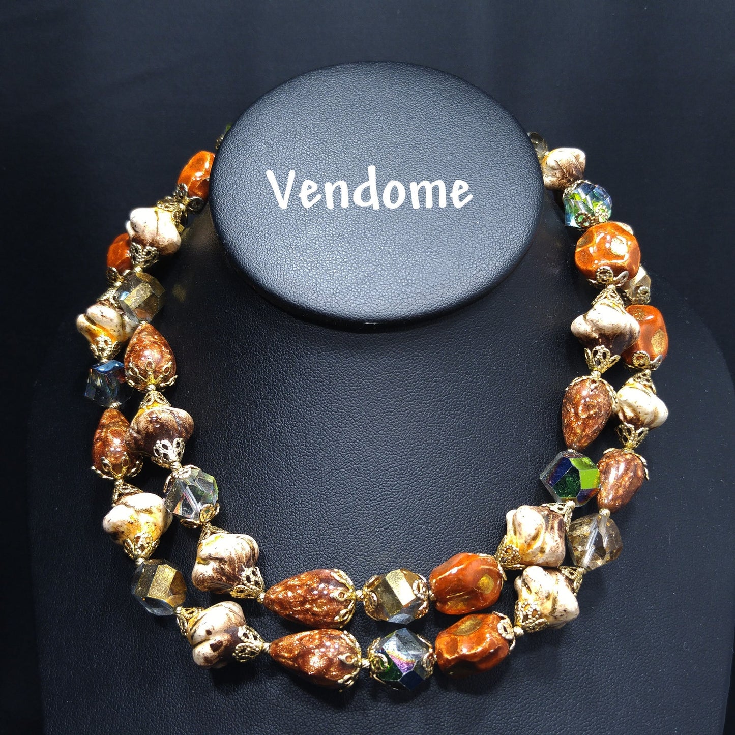 Vendome Two Strand Beaded Necklace, Crystals & Art Glass, 1950s Vintage Jewelry