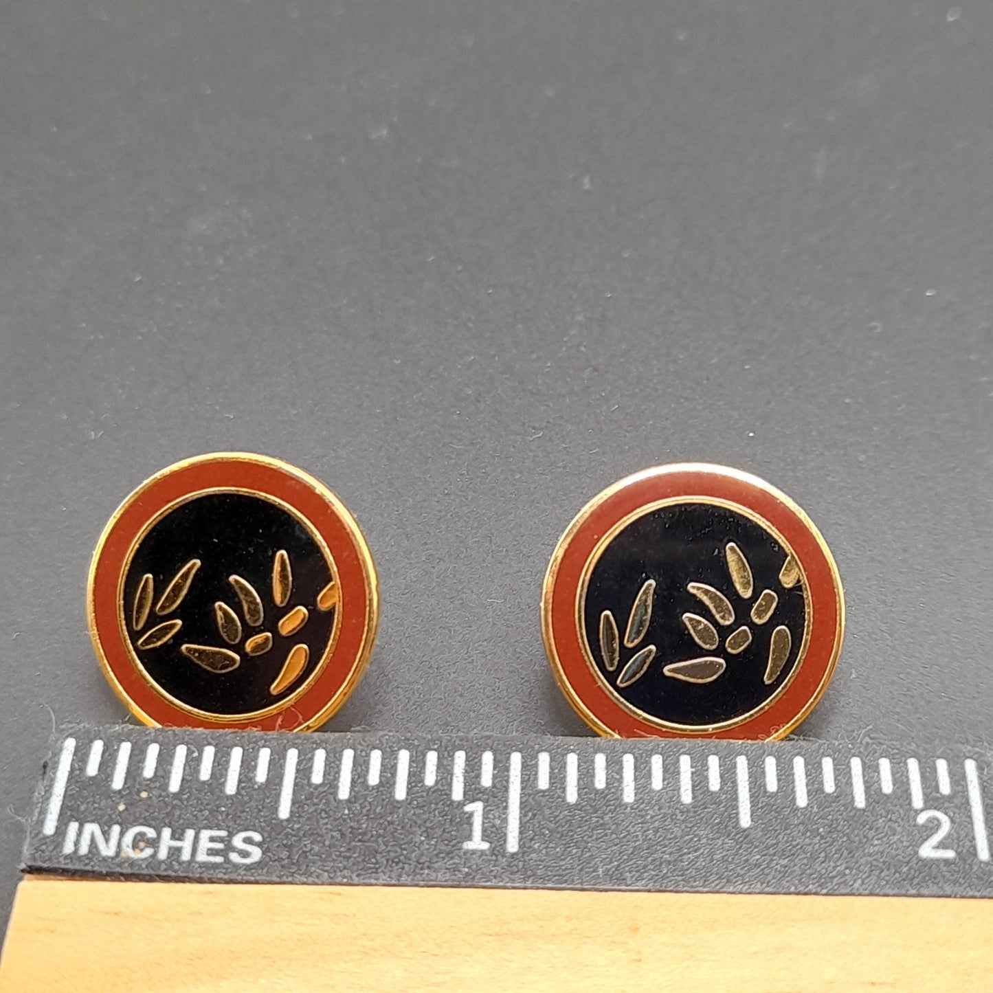 Vintage Laurel Burch Bamboo Post Earrings, Gold Plated, Black Brown Enamel, 1980