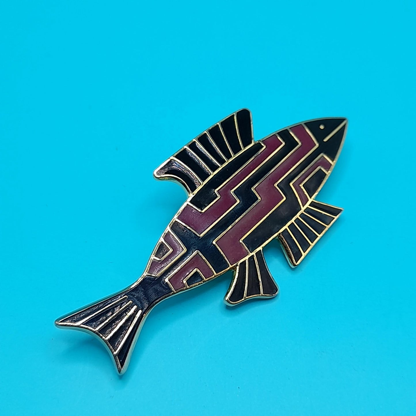 Vintage Laurel Burch "FISH" Brooch, Gold Plated, Black Brown Enamel, 1980s