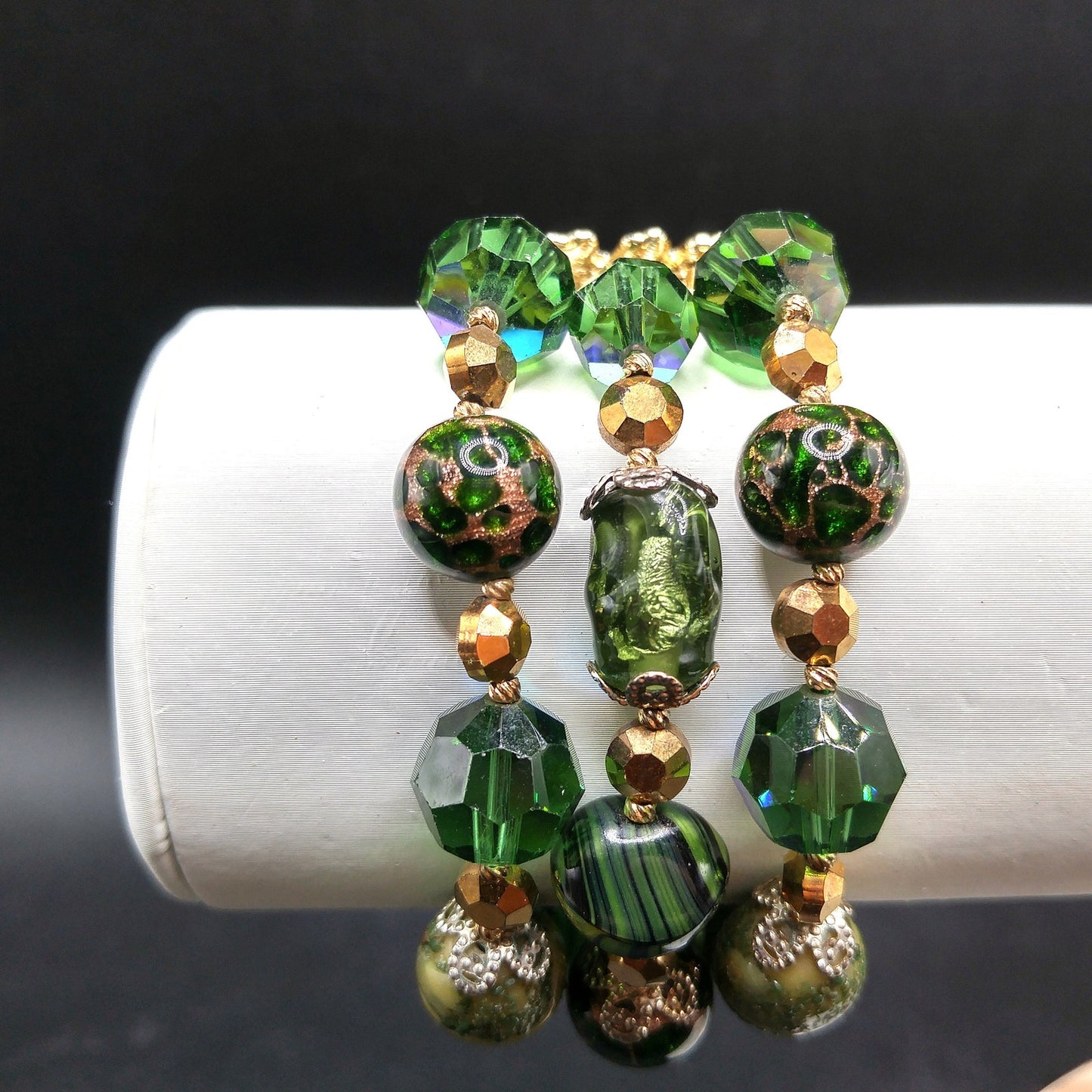 Vintage Vendome Green Crystal Art Bead Bracelet, Three Strands, 1960s