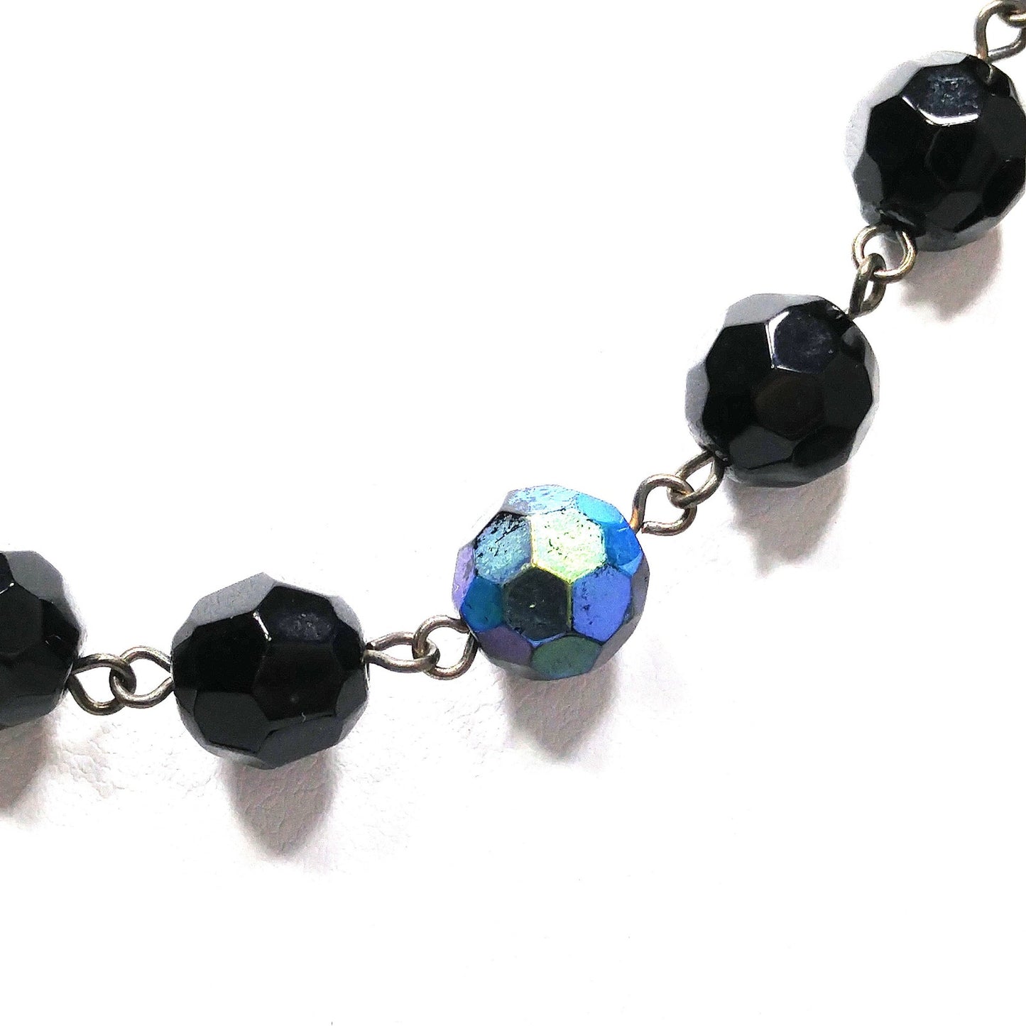 Long Black Crystal Beaded Necklace, Aurora Borealis, No Clasp, 1970s Vintage Jewelry