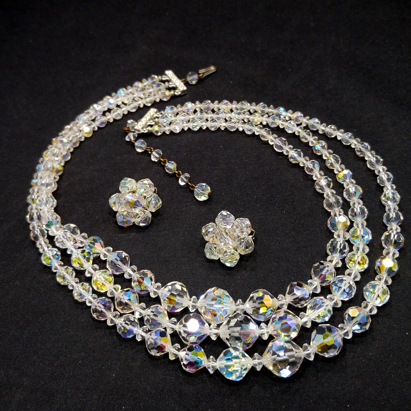 AB Crystal Beaded Necklace Earrings Set, Clear Aurora Borealis Beads, 1950s Vintage Jewelry