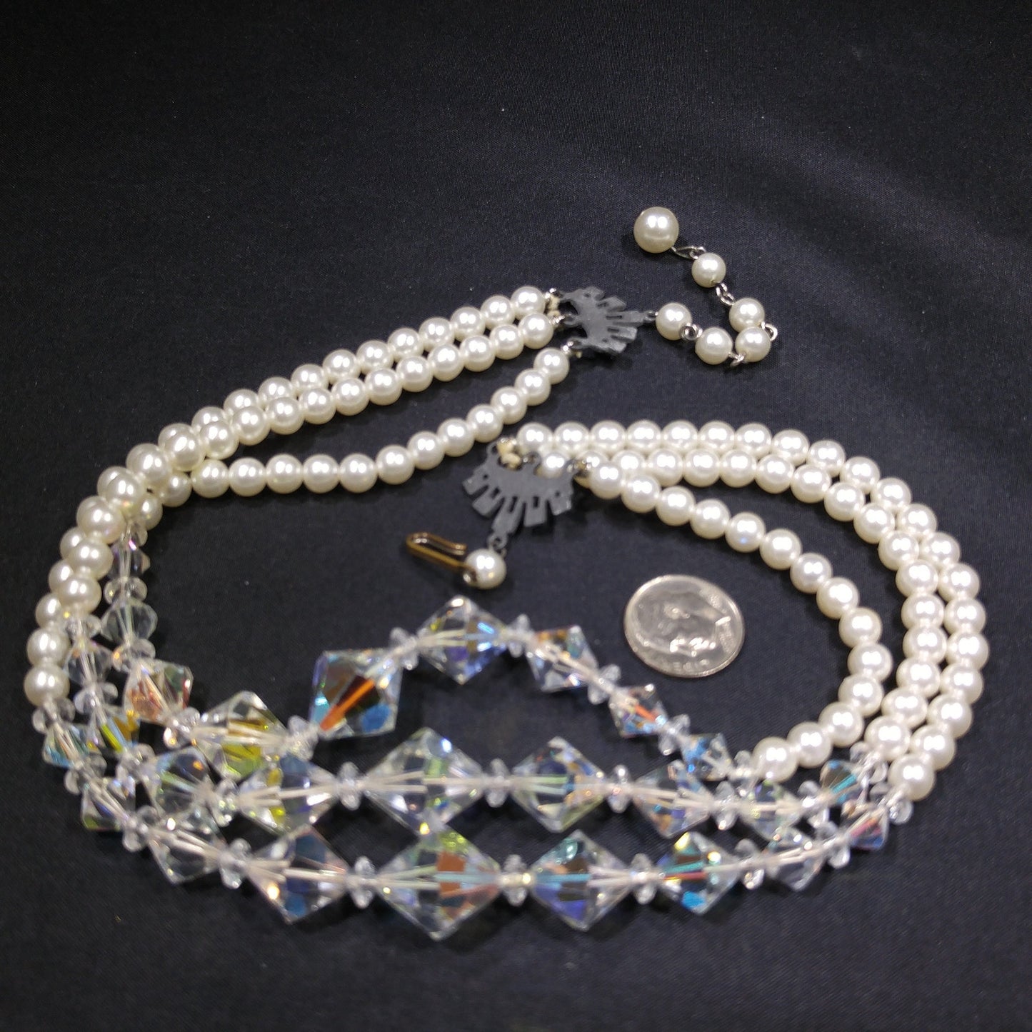 Faux Pearl AB Crystal Beaded Necklace, 3 Strands, 1950s Vintage Jewelry